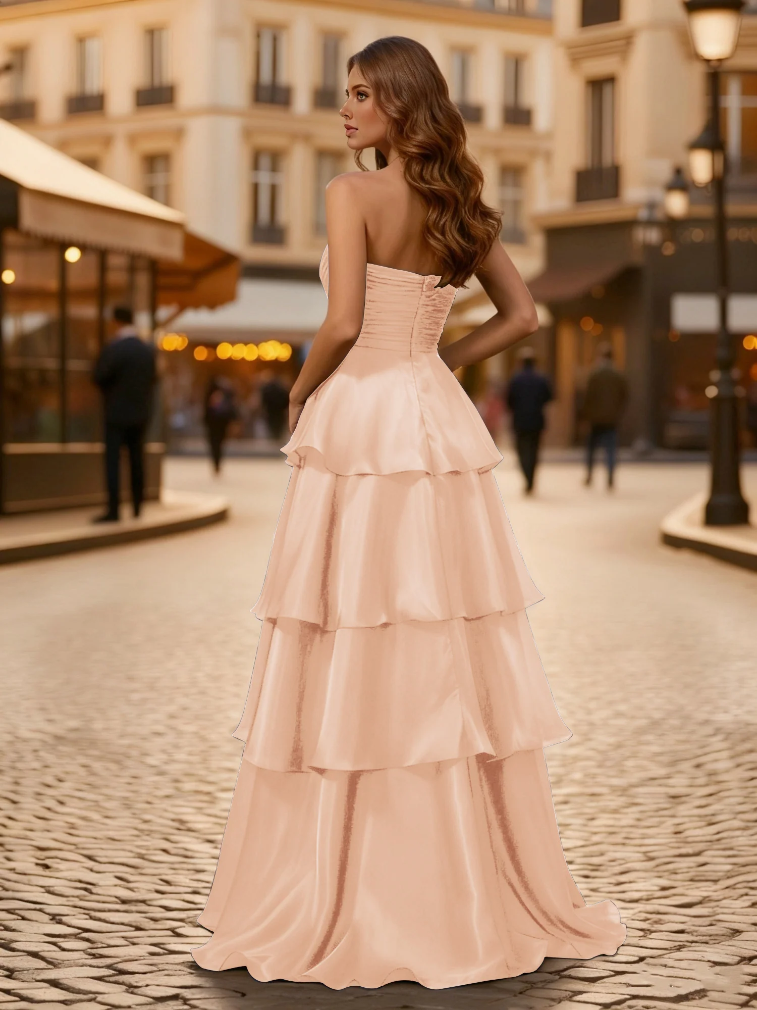 A-line Pleated Strapless Tiered Long Dress Pearl Pink - Image 2