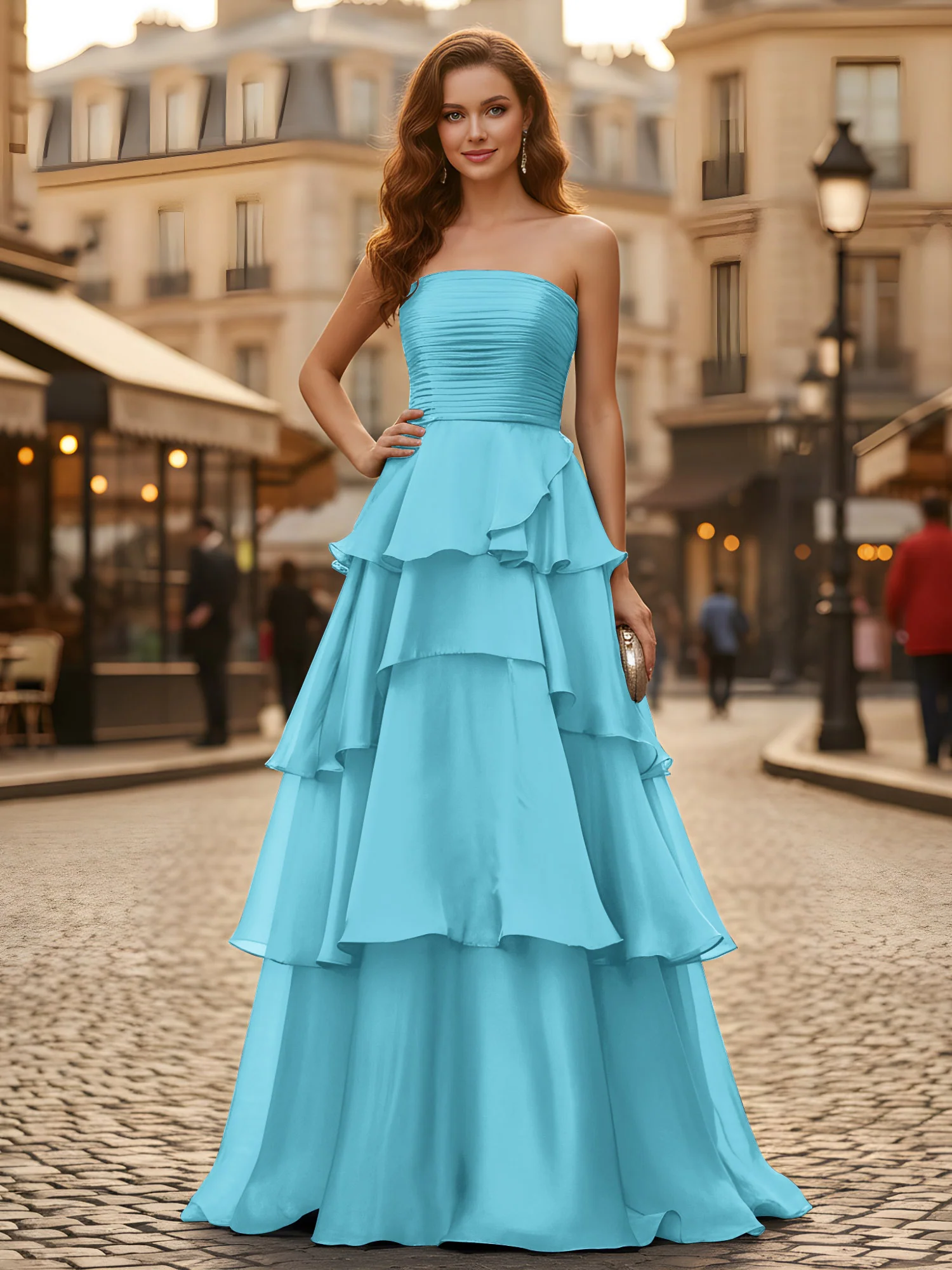 A-line Pleated Strapless Tiered Long Dress Pool