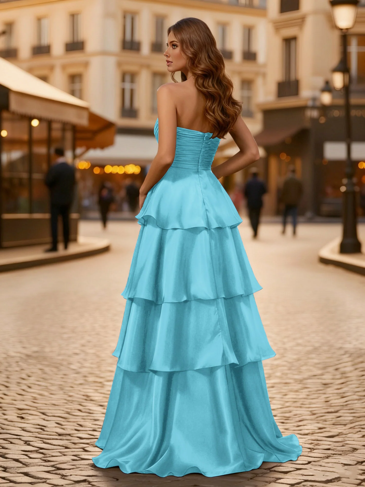 A-line Pleated Strapless Tiered Long Dress Pool - Image 2