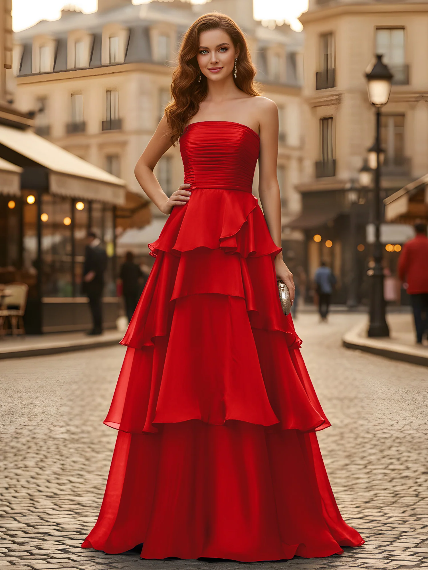 A-line Pleated Strapless Tiered Long Dress Red