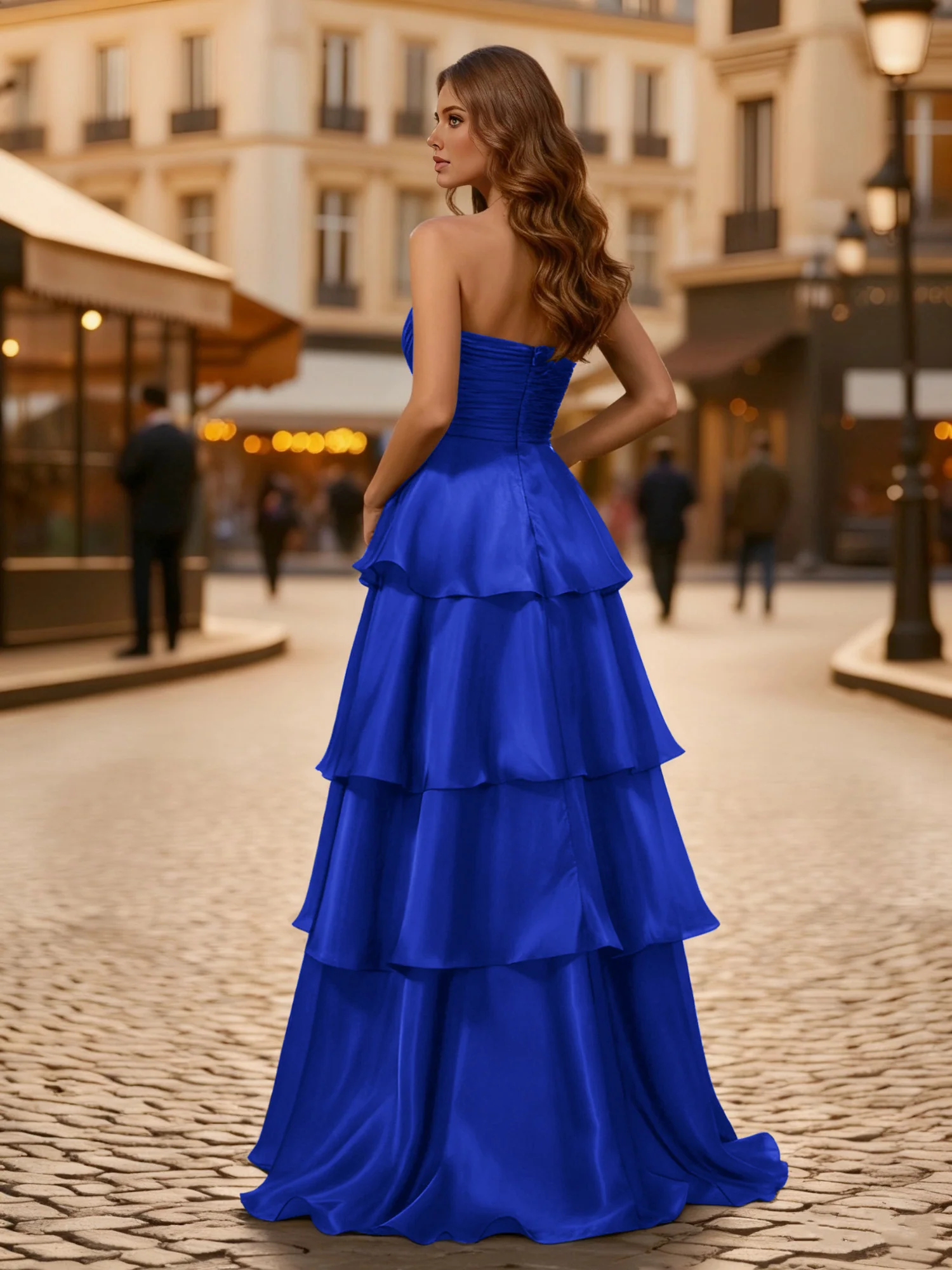 A-line Pleated Strapless Tiered Long Dress Royal Blue - Image 2