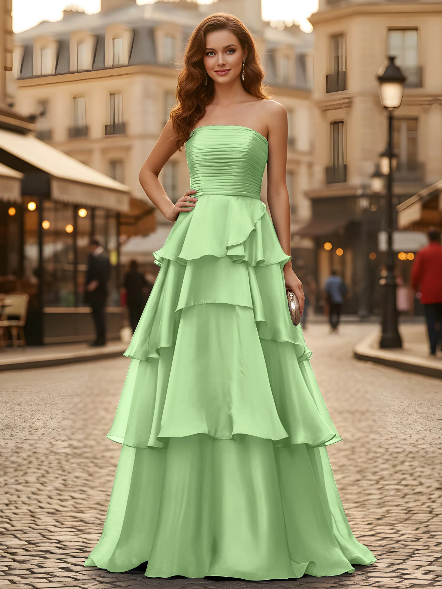 A-line Pleated Strapless Tiered Long Dress Sage