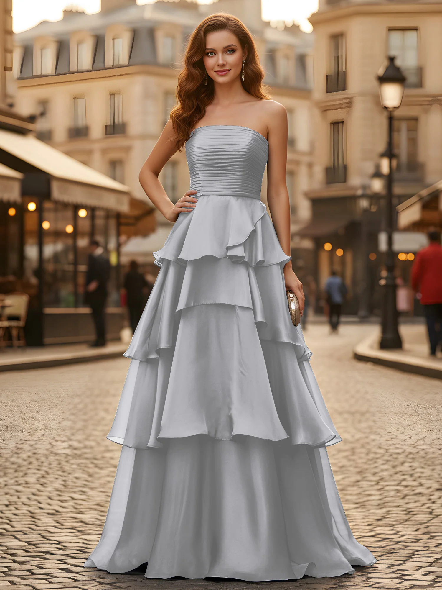 A-line Pleated Strapless Tiered Long Dress Silver