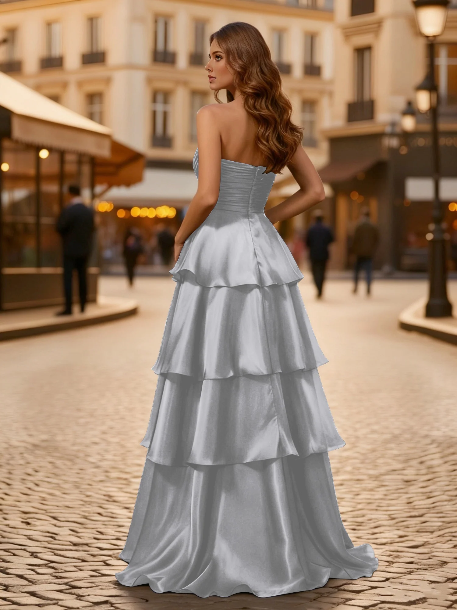 A-line Pleated Strapless Tiered Long Dress Silver - Image 2
