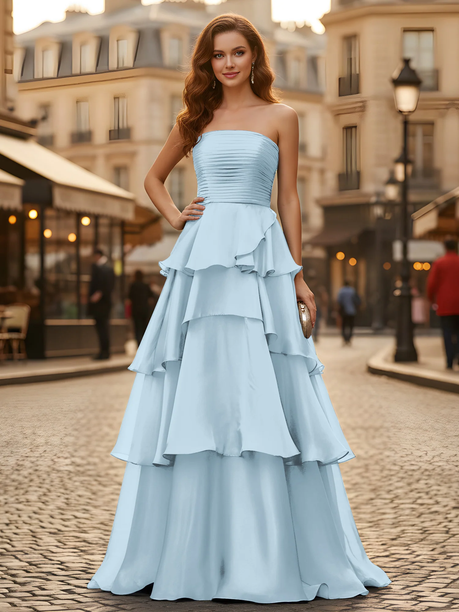 A-line Pleated Strapless Tiered Long Dress Sky Blue
