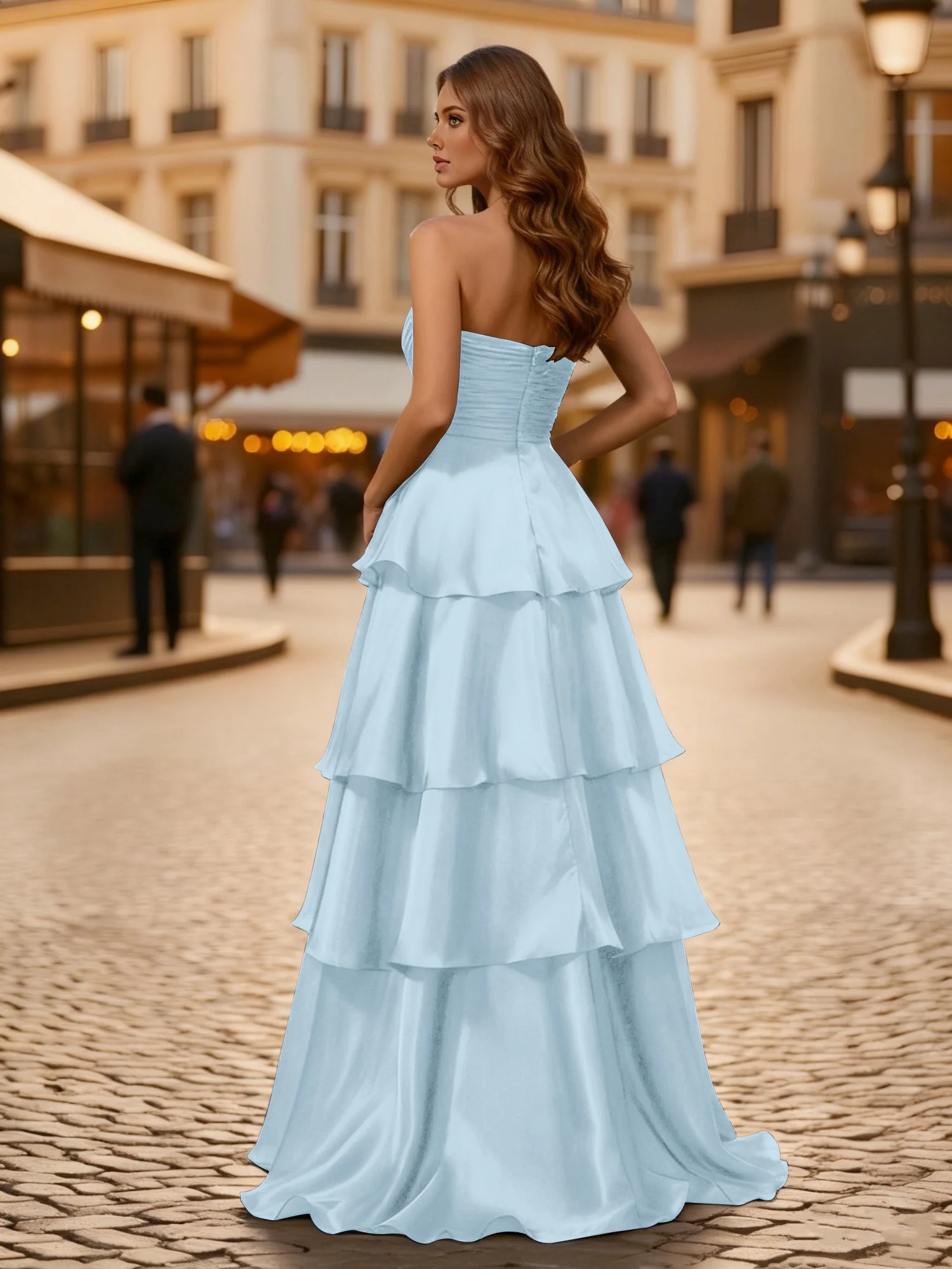A-line Pleated Strapless Tiered Long Dress Sky Blue - Image 2