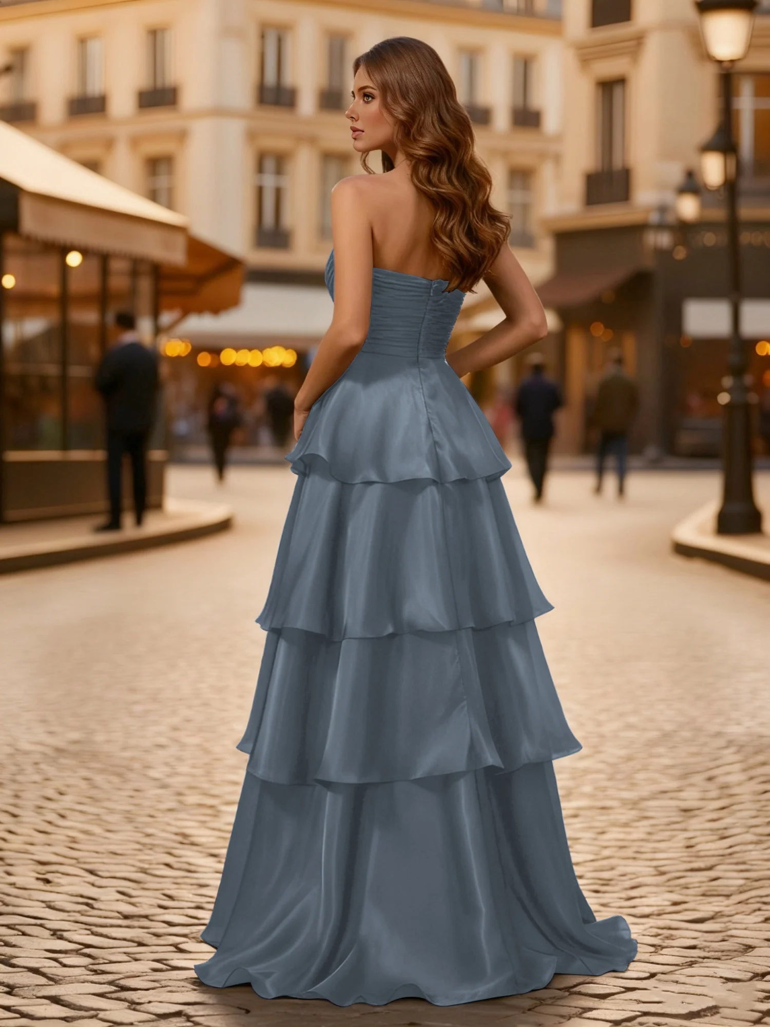 A-line Pleated Strapless Tiered Long Dress Slate Blue - Image 2