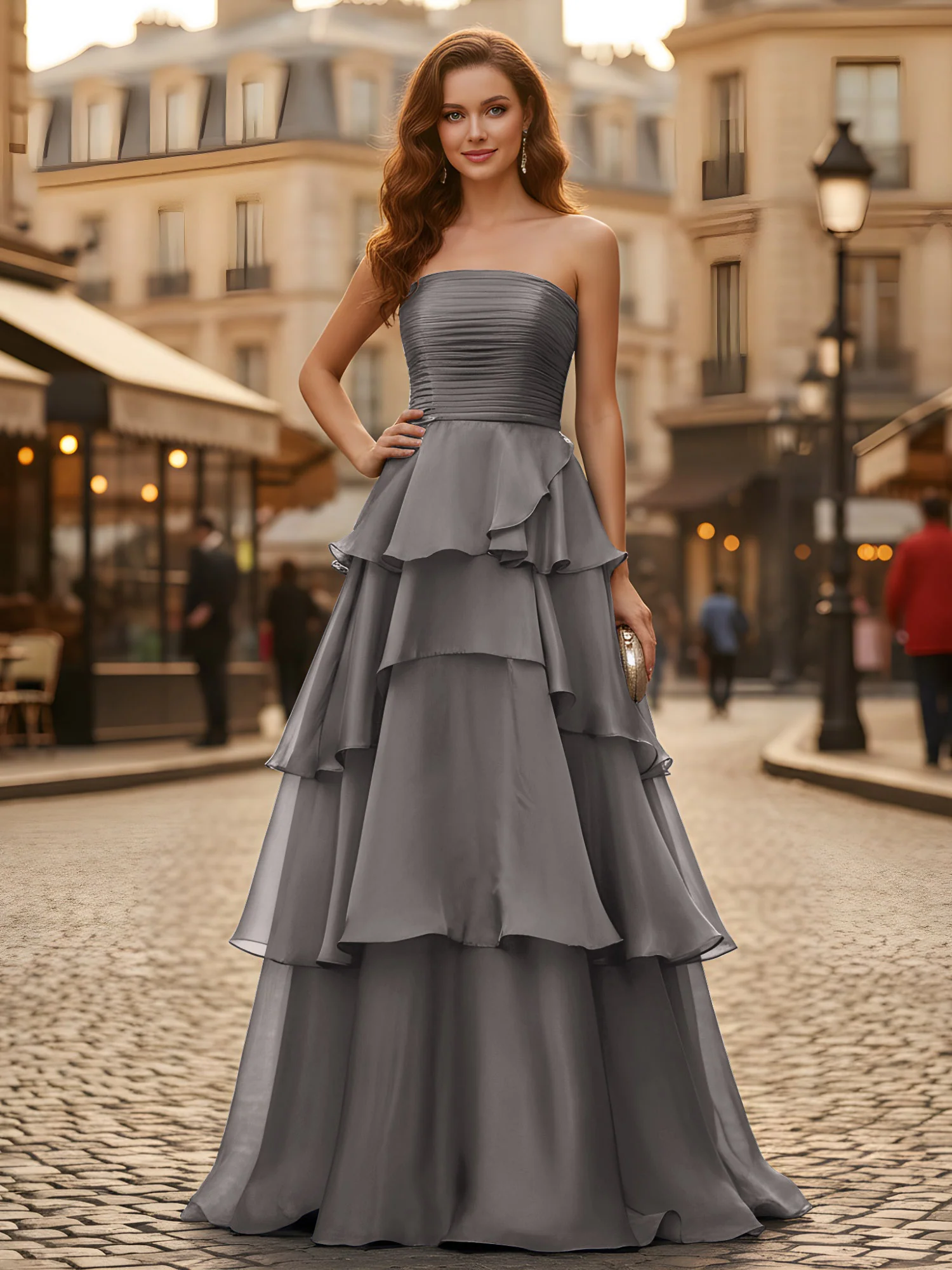 A-line Pleated Strapless Tiered Long Dress Steel Grey