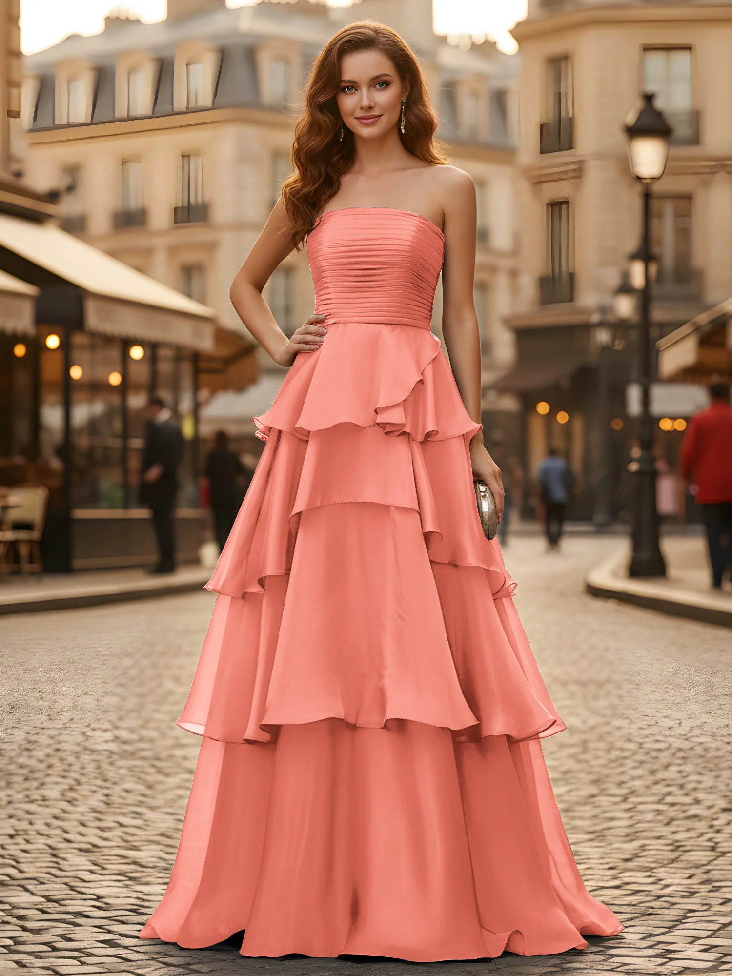 A-line Pleated Strapless Tiered Long Dress Sunset
