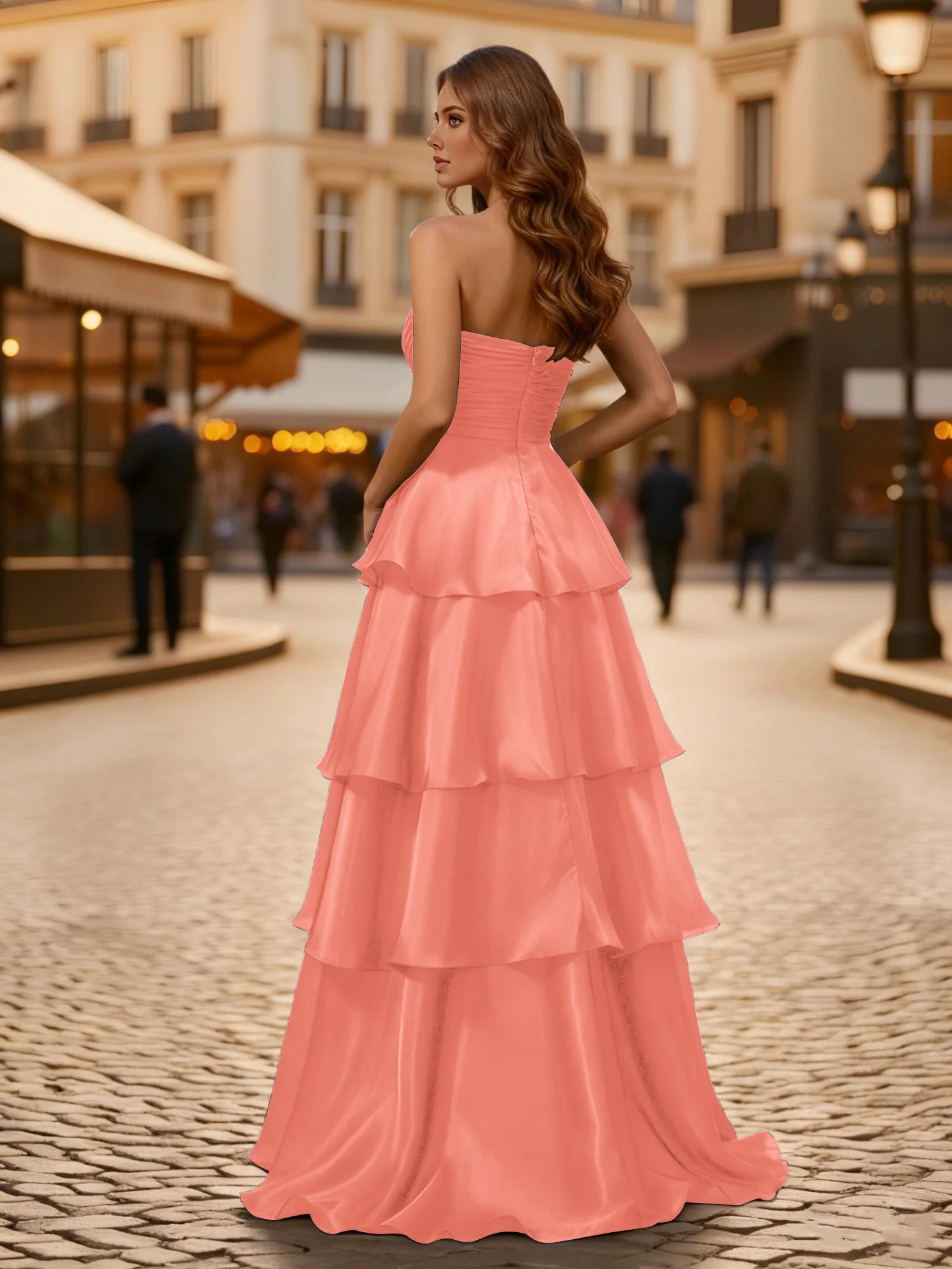 A-line Pleated Strapless Tiered Long Dress Sunset - Image 2