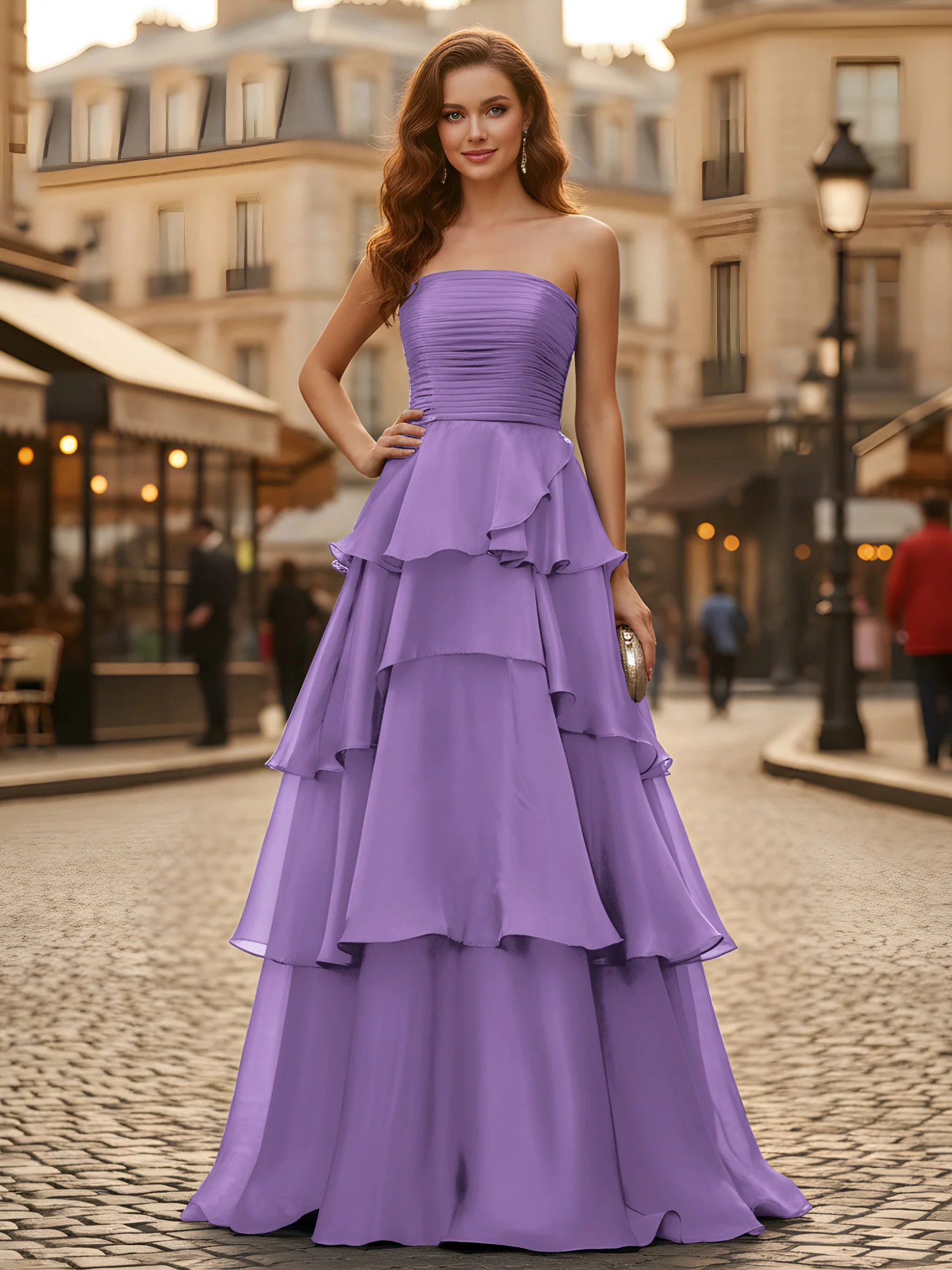 A-line Pleated Strapless Tiered Long Dress Tahiti