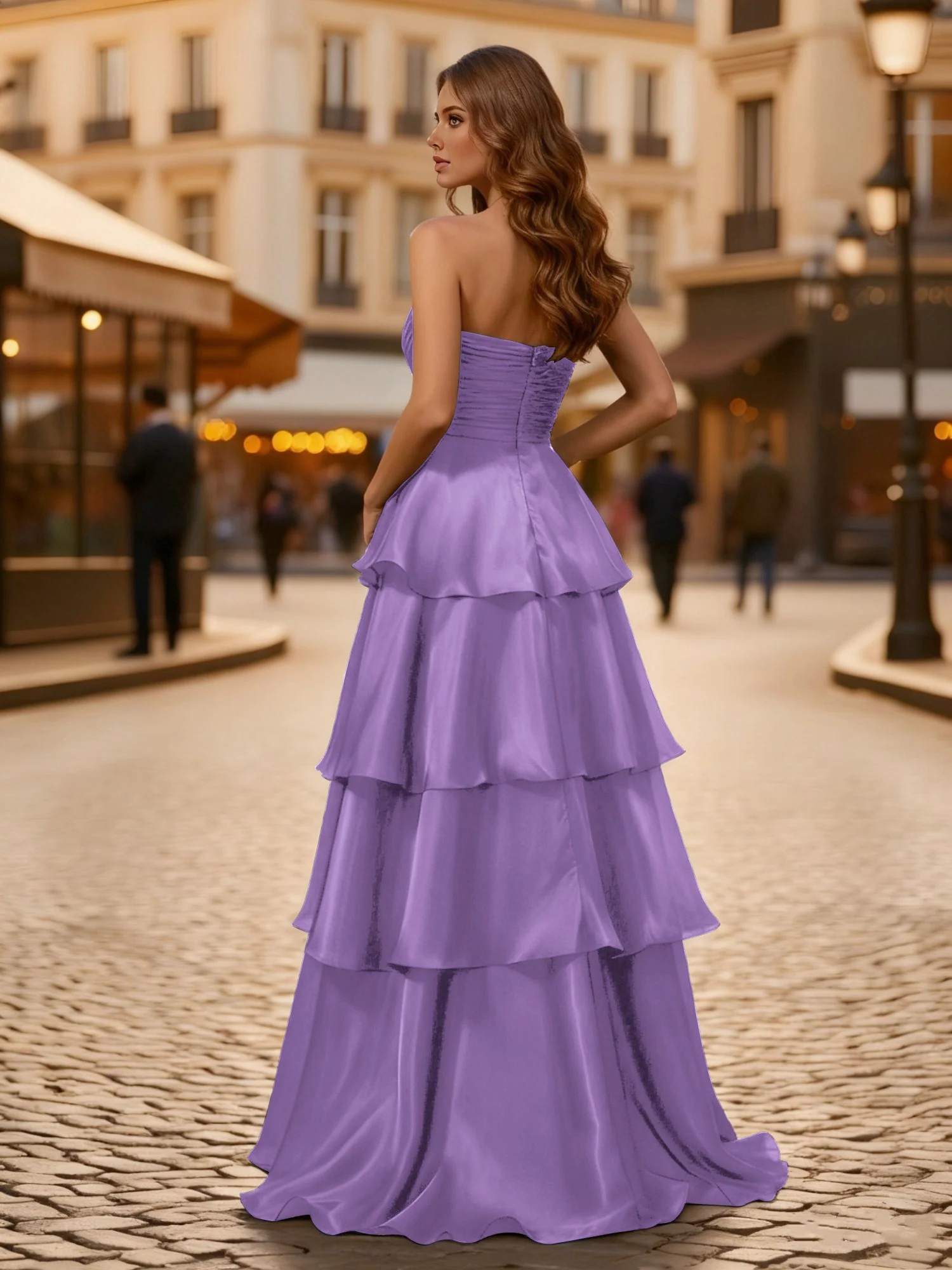 A-line Pleated Strapless Tiered Long Dress Tahiti - Image 2
