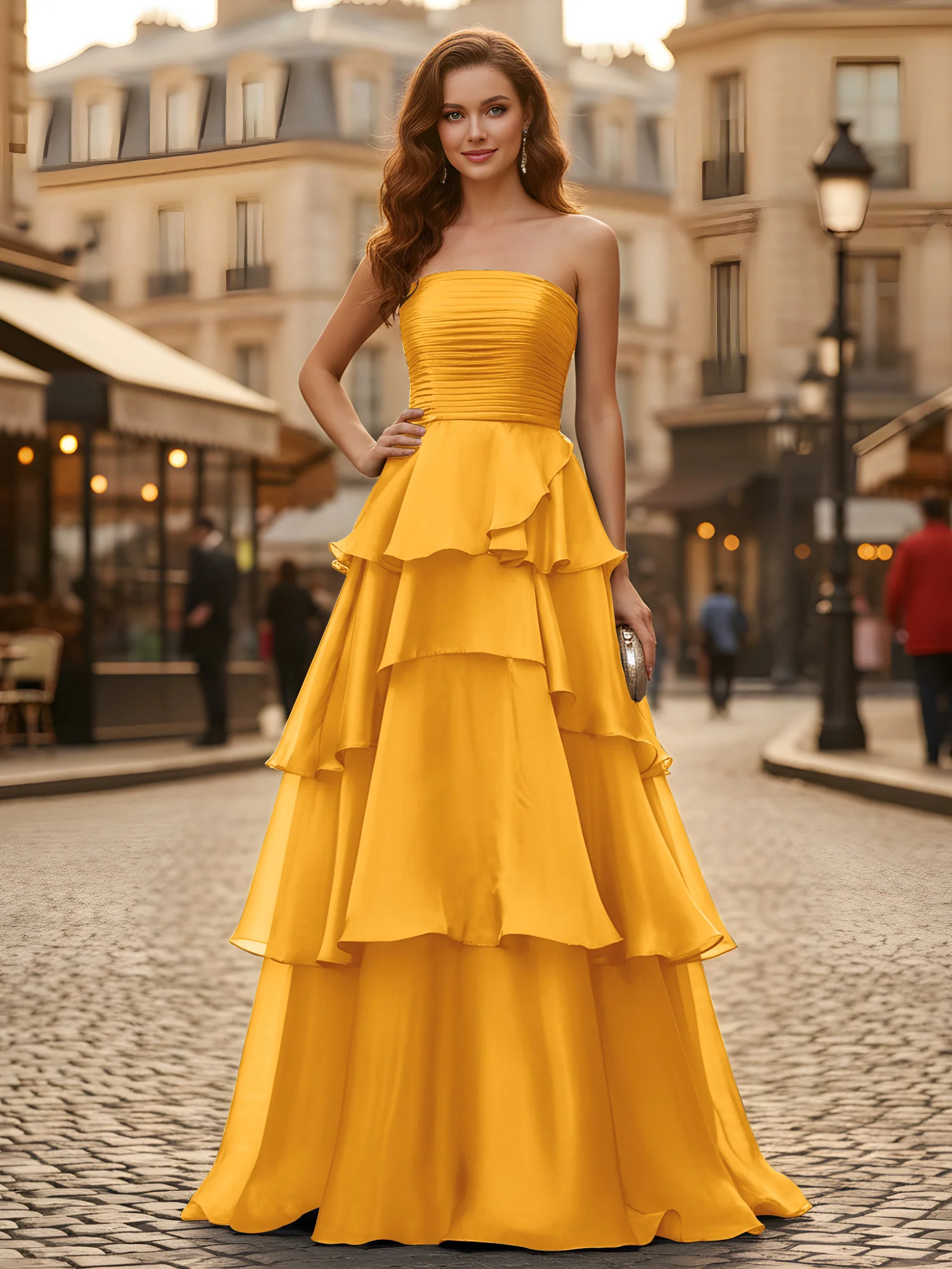 A-line Pleated Strapless Tiered Long Dress Tangerine