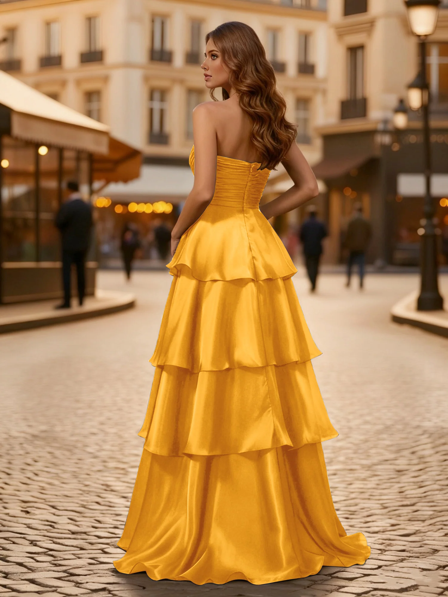 A-line Pleated Strapless Tiered Long Dress Tangerine - Image 2