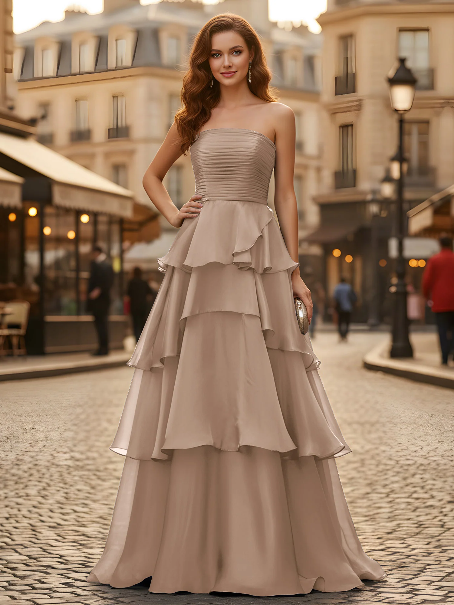 A-line Pleated Strapless Tiered Long Dress Taupe