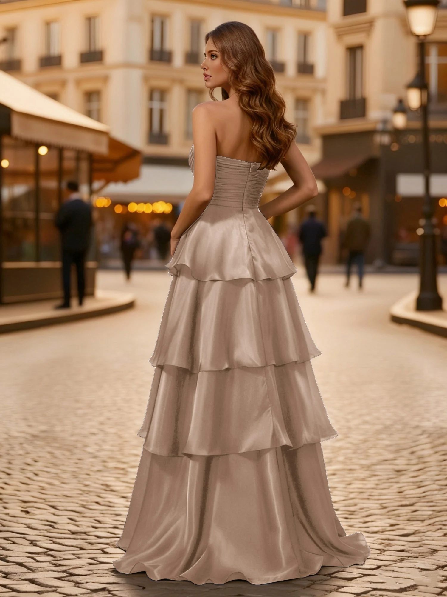 A-line Pleated Strapless Tiered Long Dress Taupe - Image 2