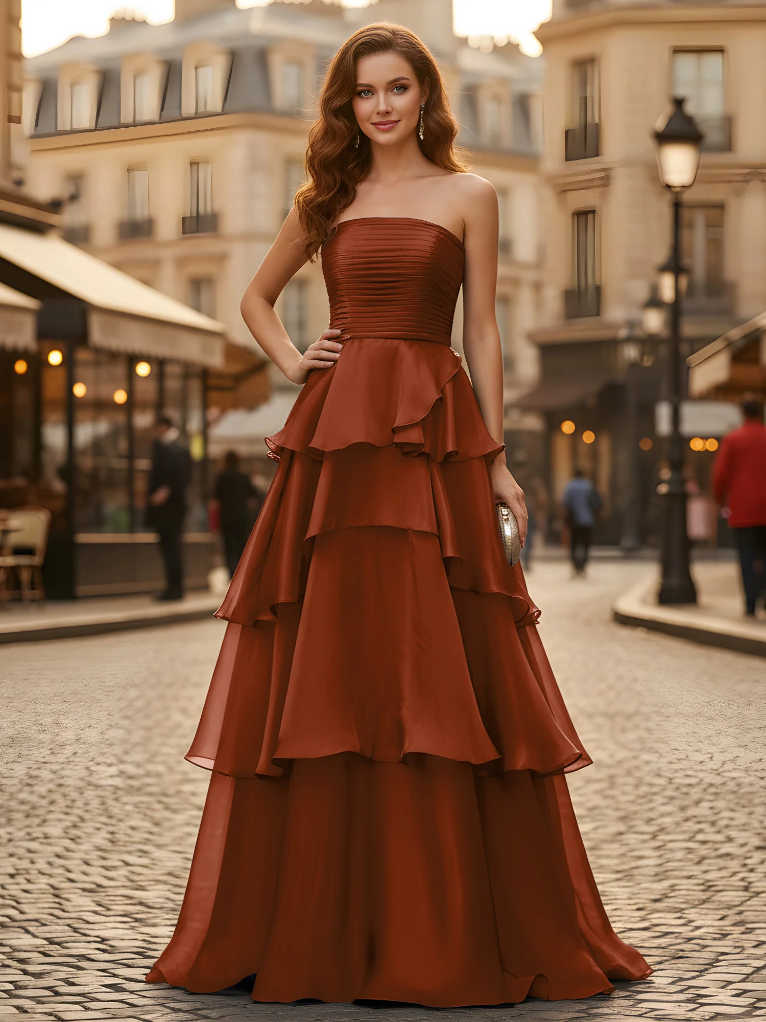 A-line Pleated Strapless Tiered Long Dress Terracotta