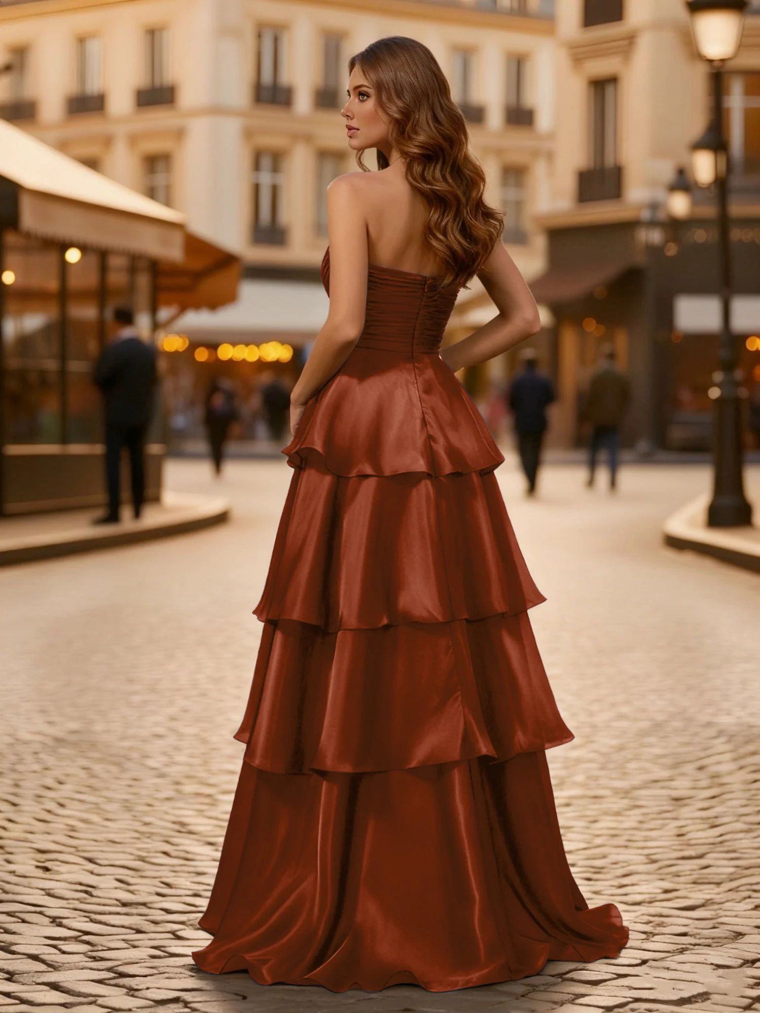 A-line Pleated Strapless Tiered Long Dress Terracotta - Image 2