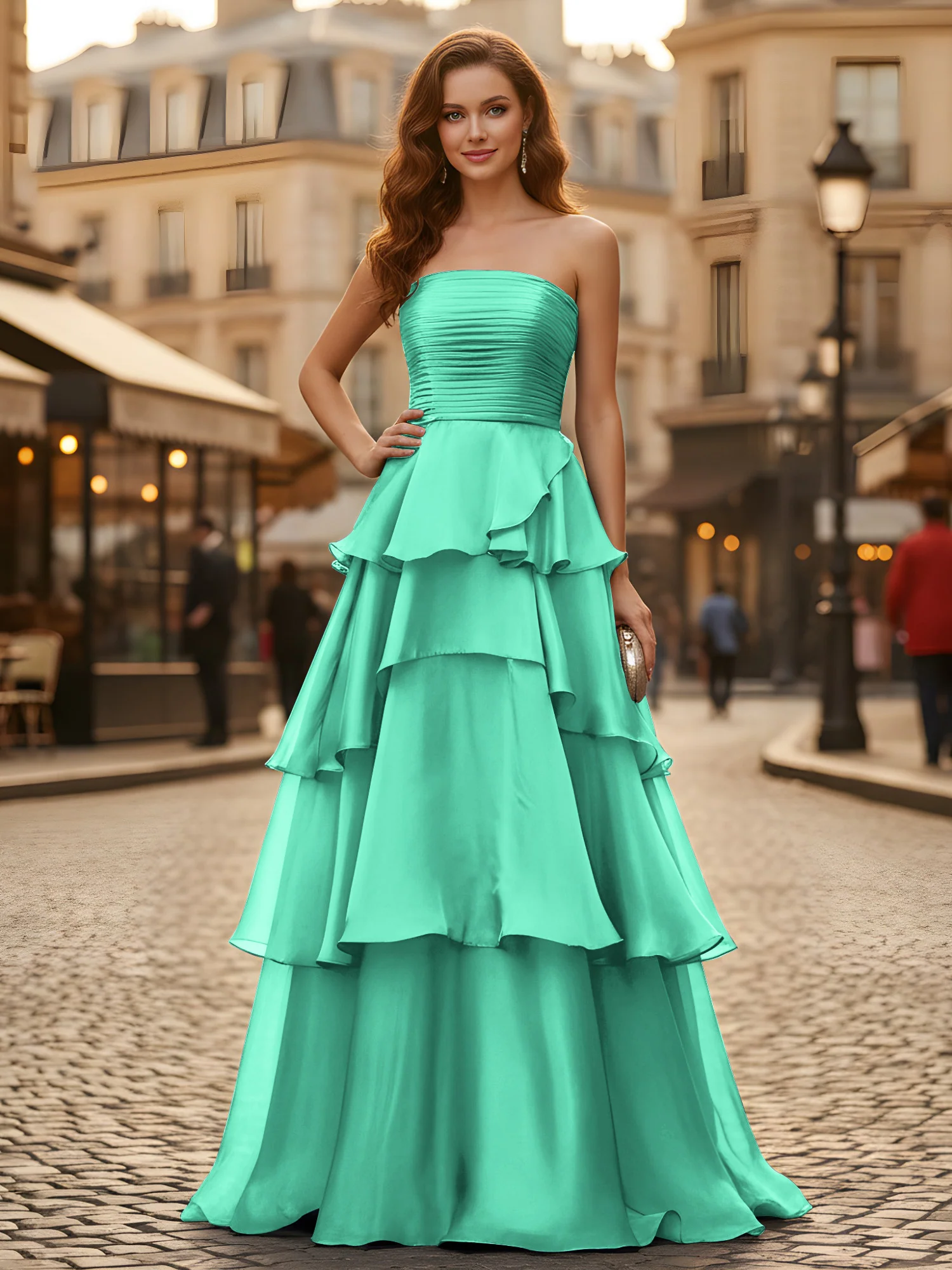 A-line Pleated Strapless Tiered Long Dress Turquoise
