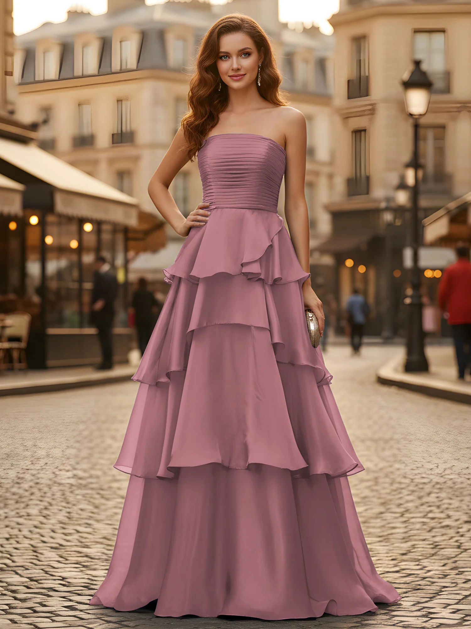 A-line Pleated Strapless Tiered Long Dress Vintage Mauve