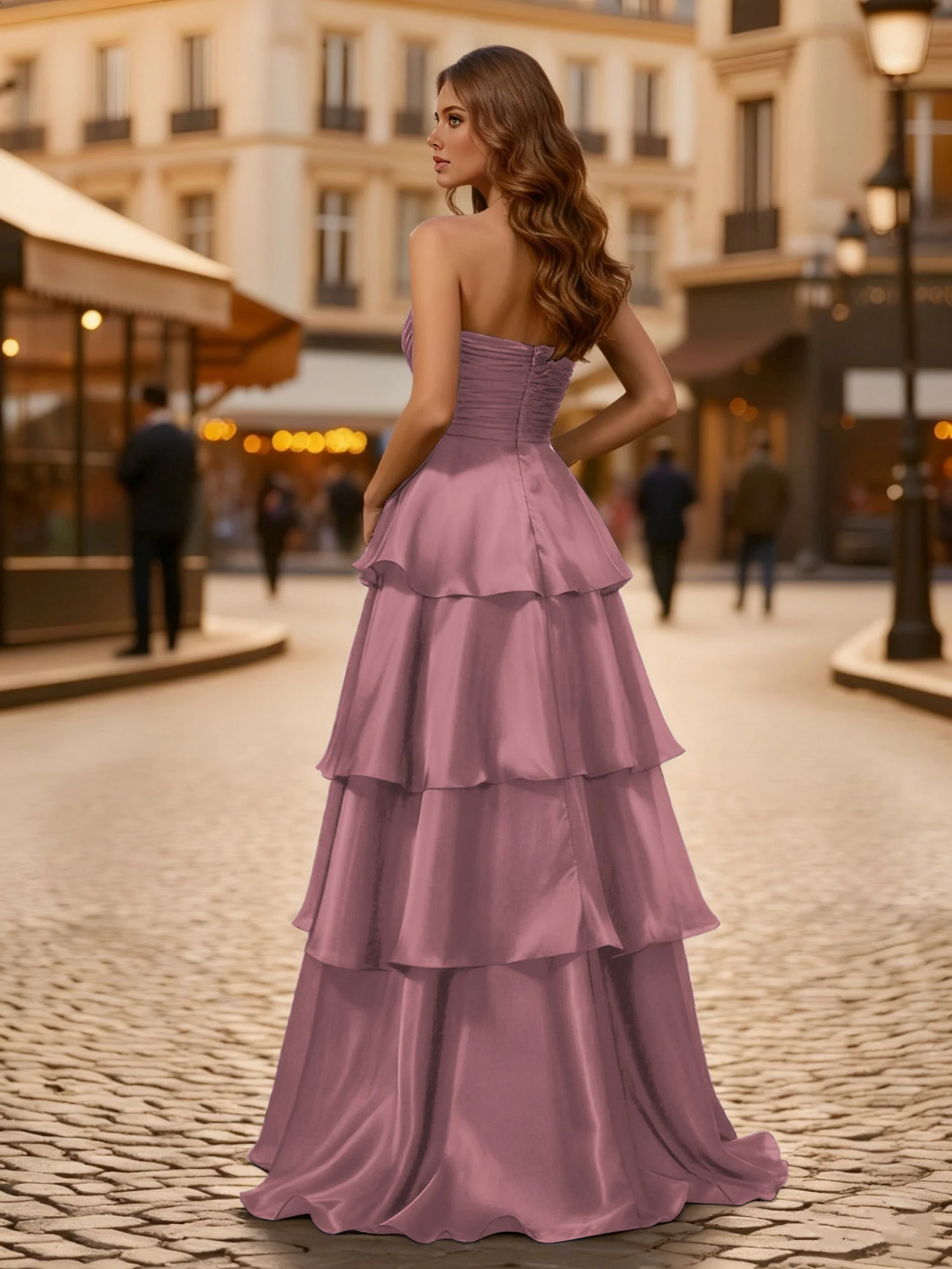 A-line Pleated Strapless Tiered Long Dress Vintage Mauve - Image 2