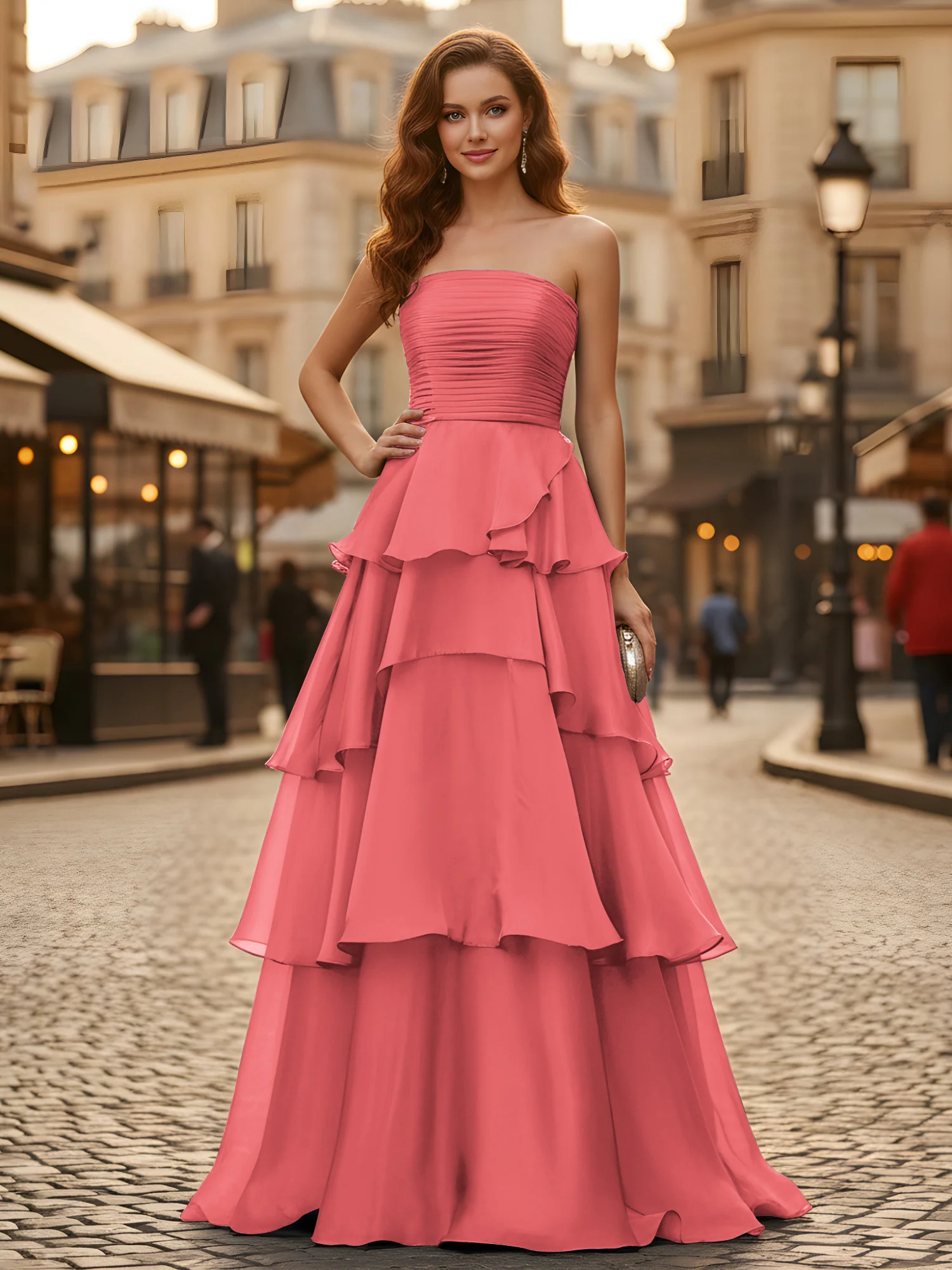 A-line Pleated Strapless Tiered Long Dress Watermelon