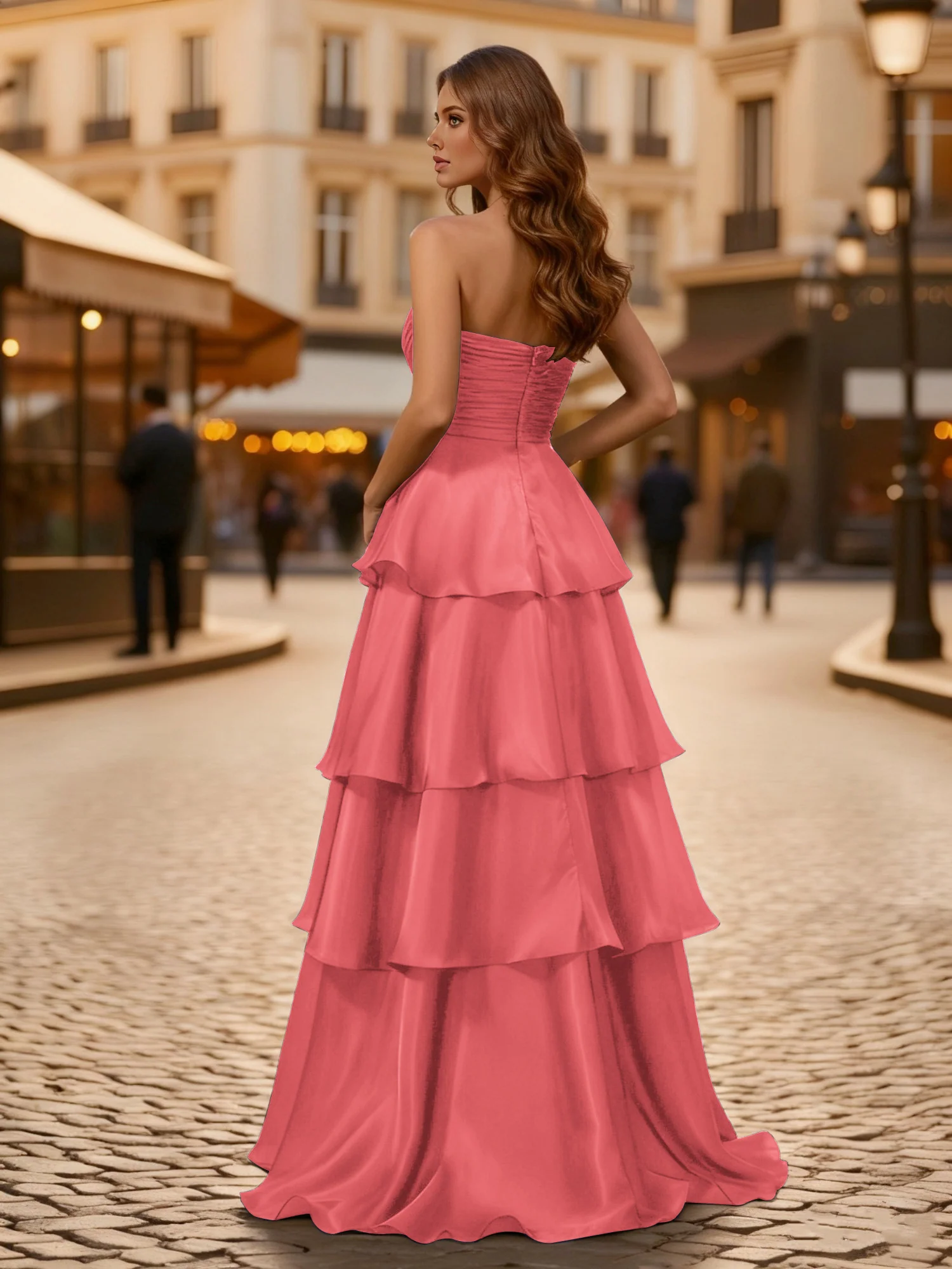 A-line Pleated Strapless Tiered Long Dress Watermelon - Image 2
