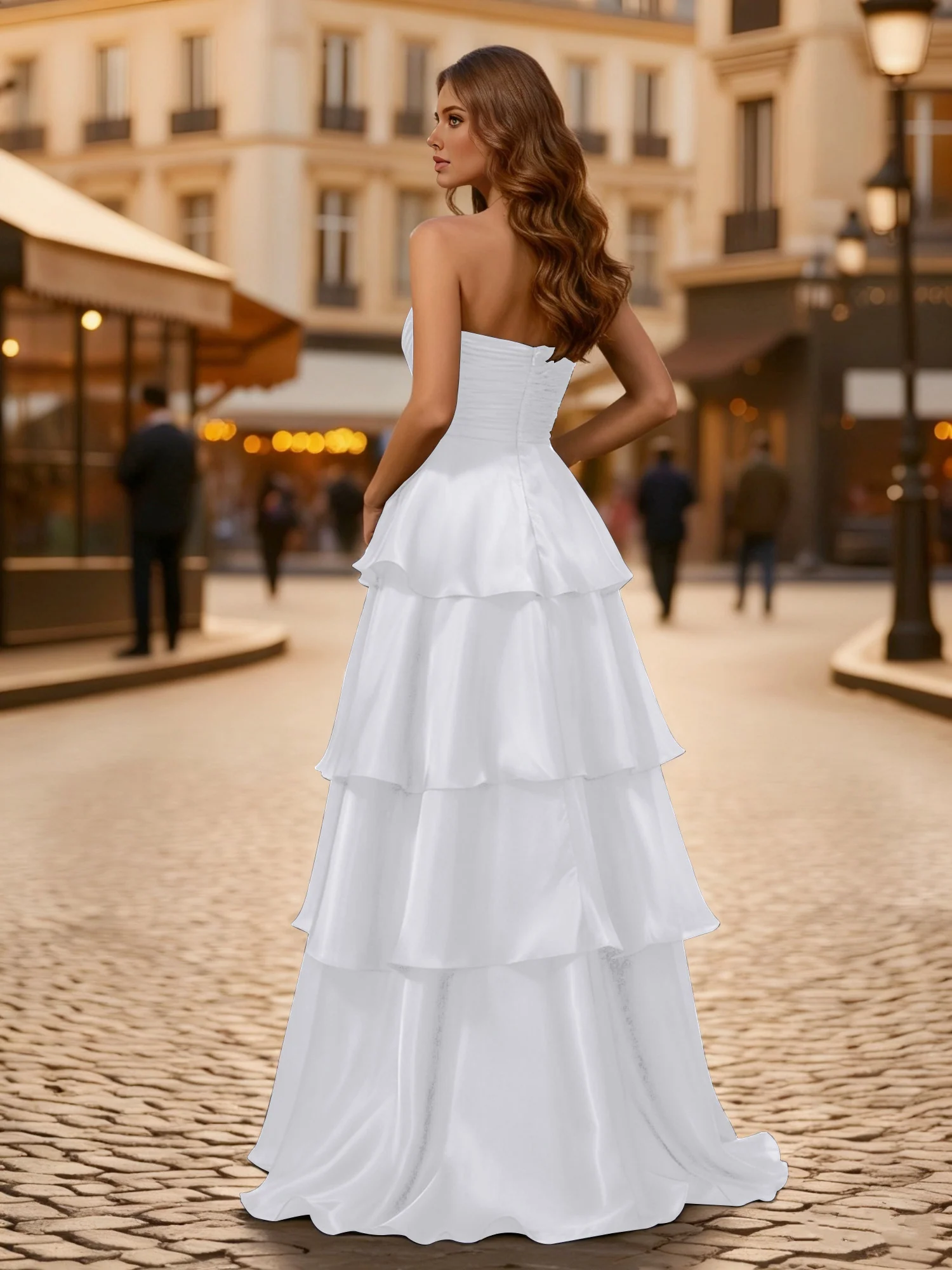 A-line Pleated Strapless Tiered Long Dress White - Image 2