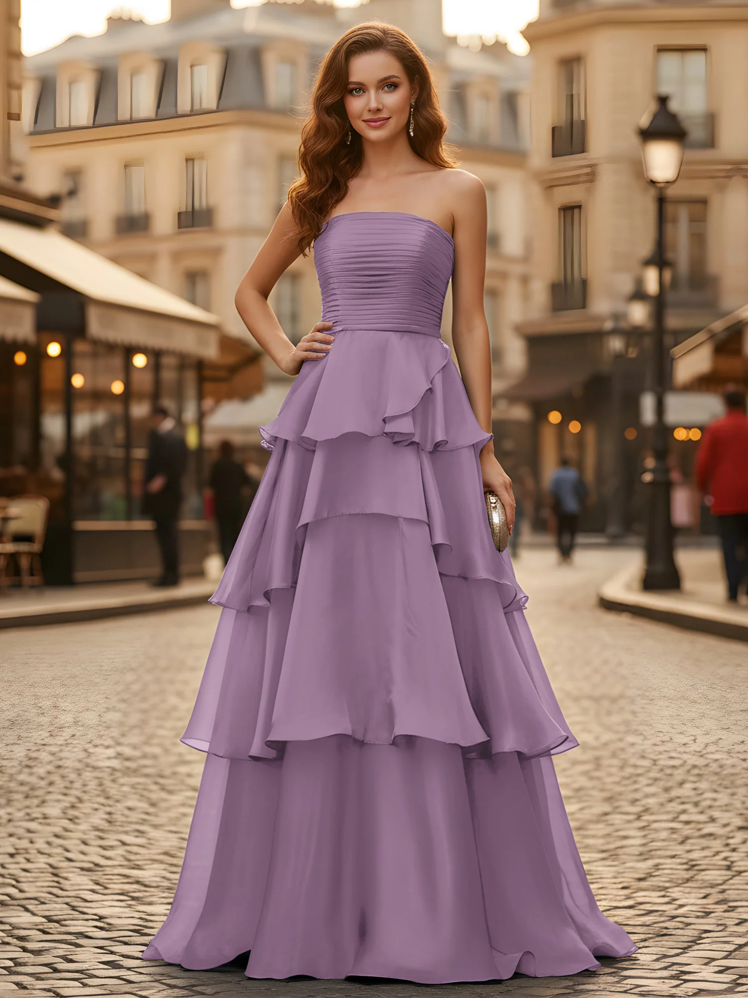 A-line Pleated Strapless Tiered Long Dress Wisteria