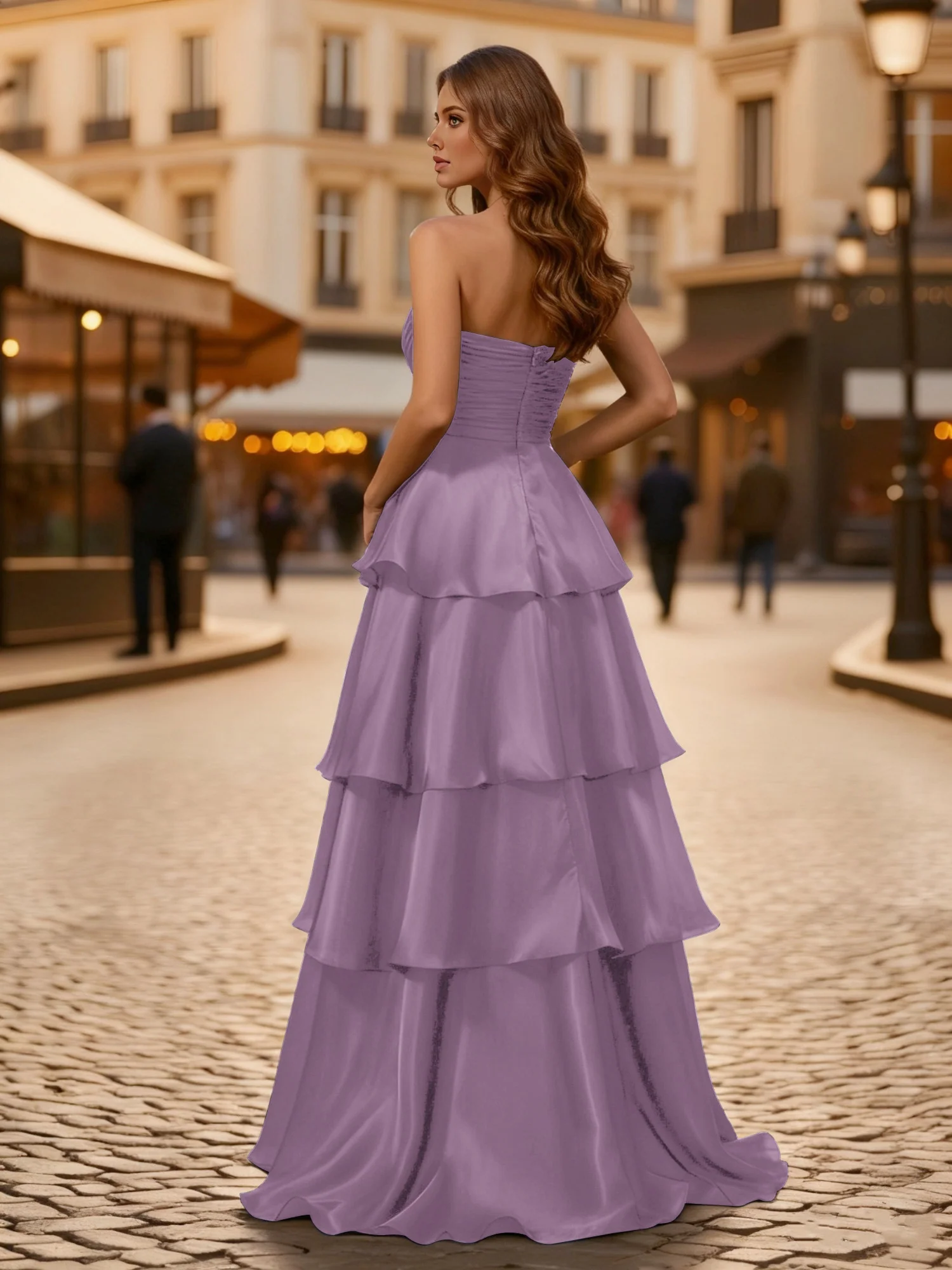 A-line Pleated Strapless Tiered Long Dress Wisteria - Image 2