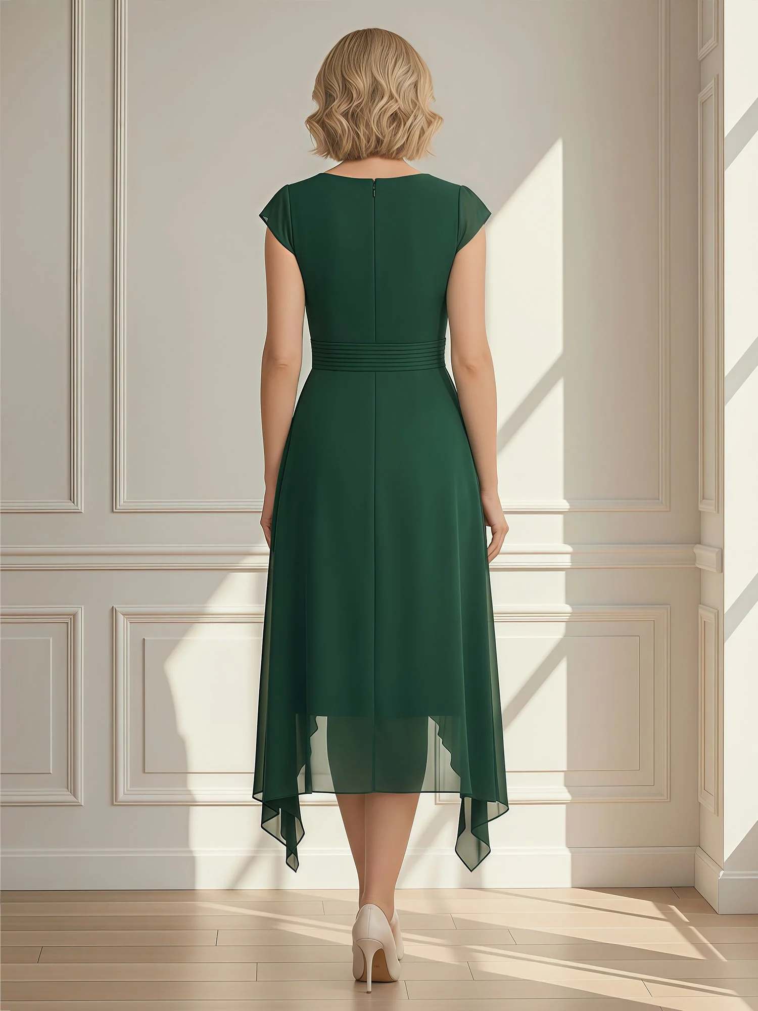 A-Line Pleated V-neck Chiffon Asymmetrical Dress Stormy - Image 2