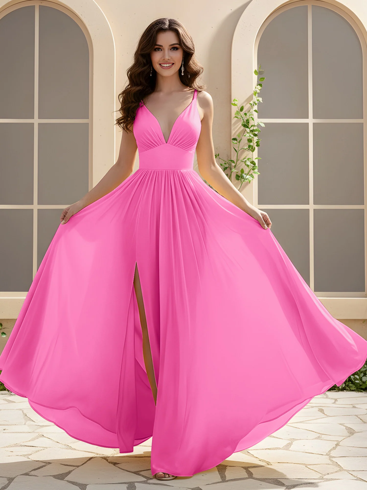 A-Line Pleated V-neck Long Dress With Slit Azalea
