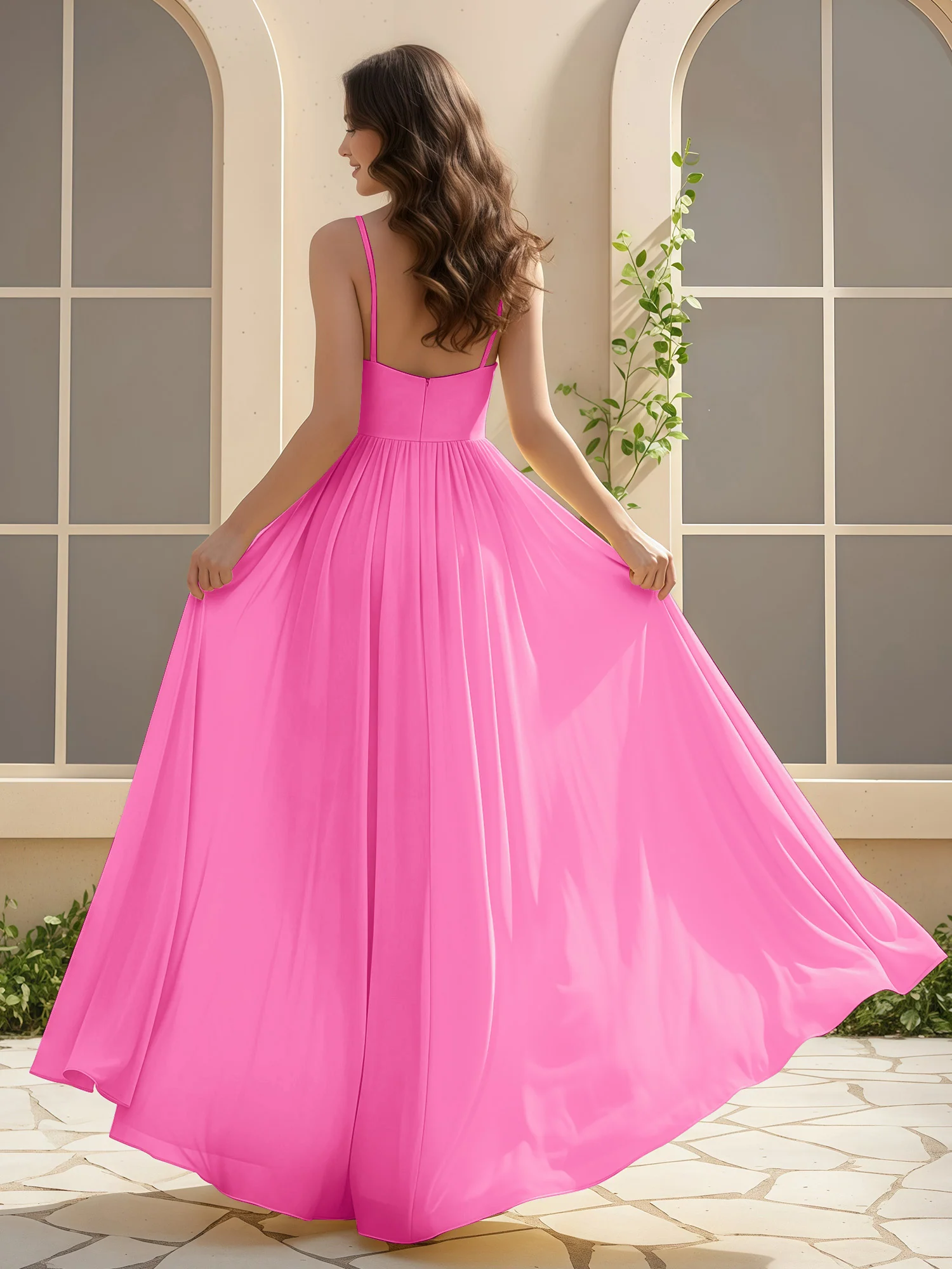 A-Line Pleated V-neck Long Dress With Slit Azalea - Image 2