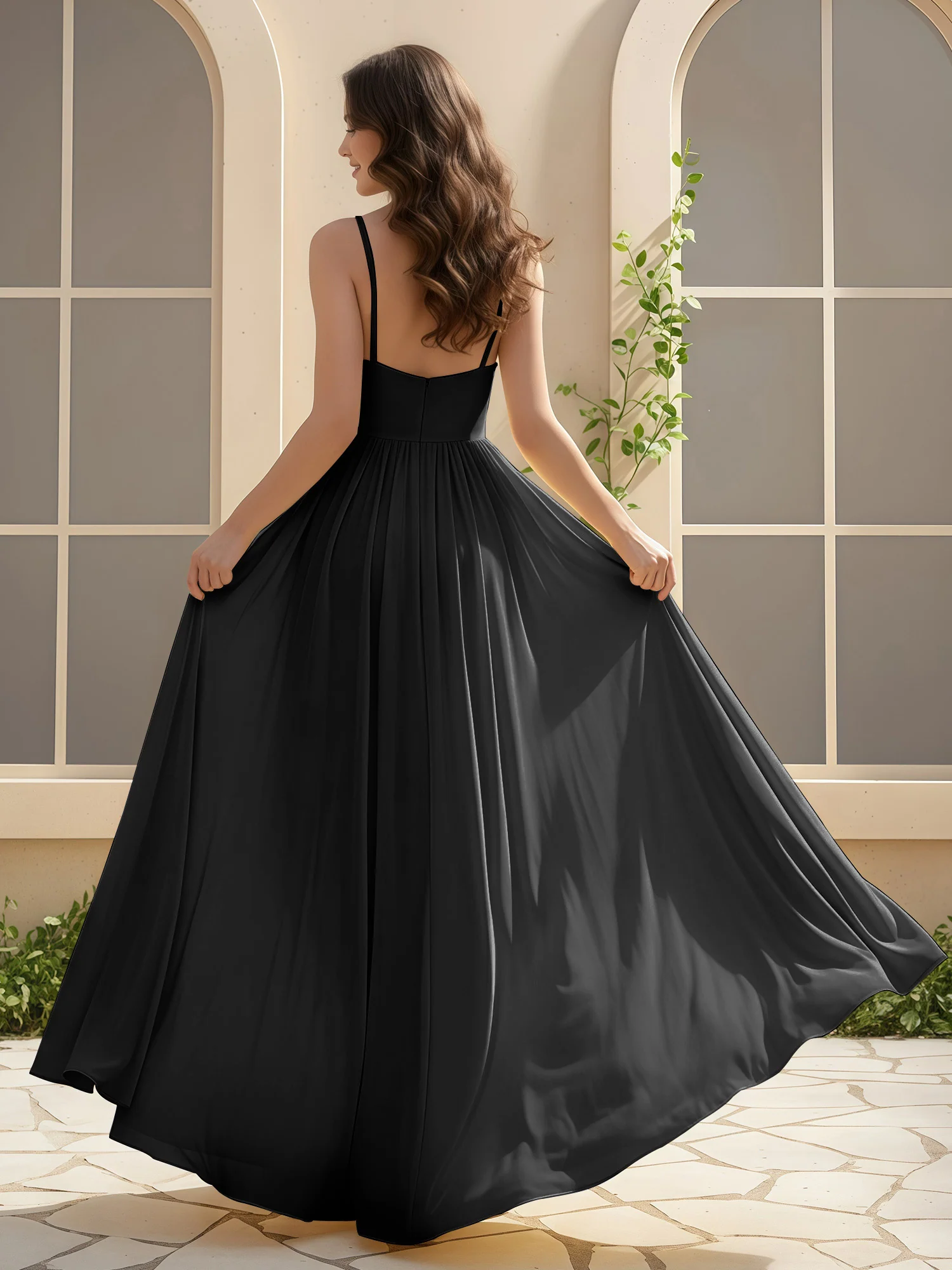 A-Line Pleated V-neck Long Dress With Slit Black - Image 2