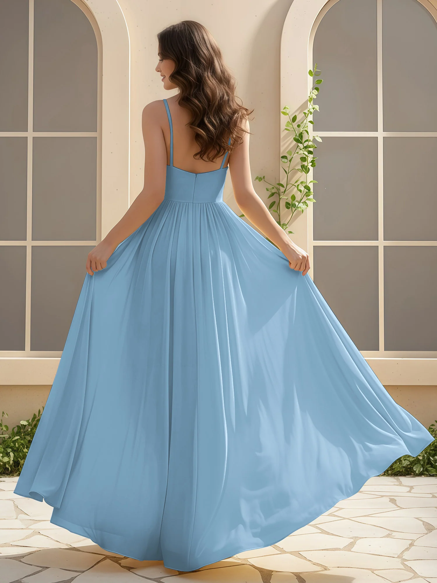 A-Line Pleated V-neck Long Dress With Slit Blue - Image 2
