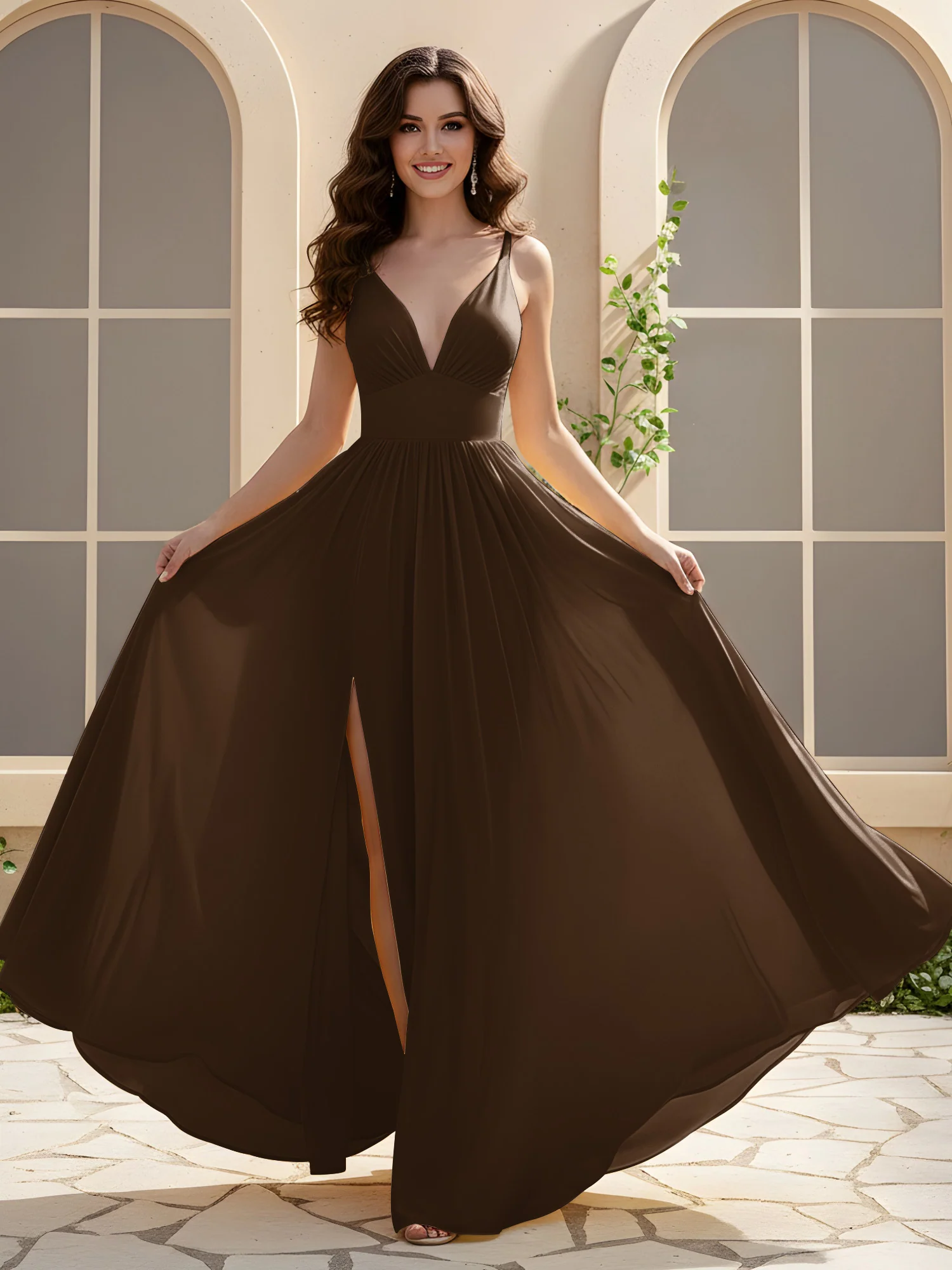 A-Line Pleated V-neck Long Dress With Slit Brown