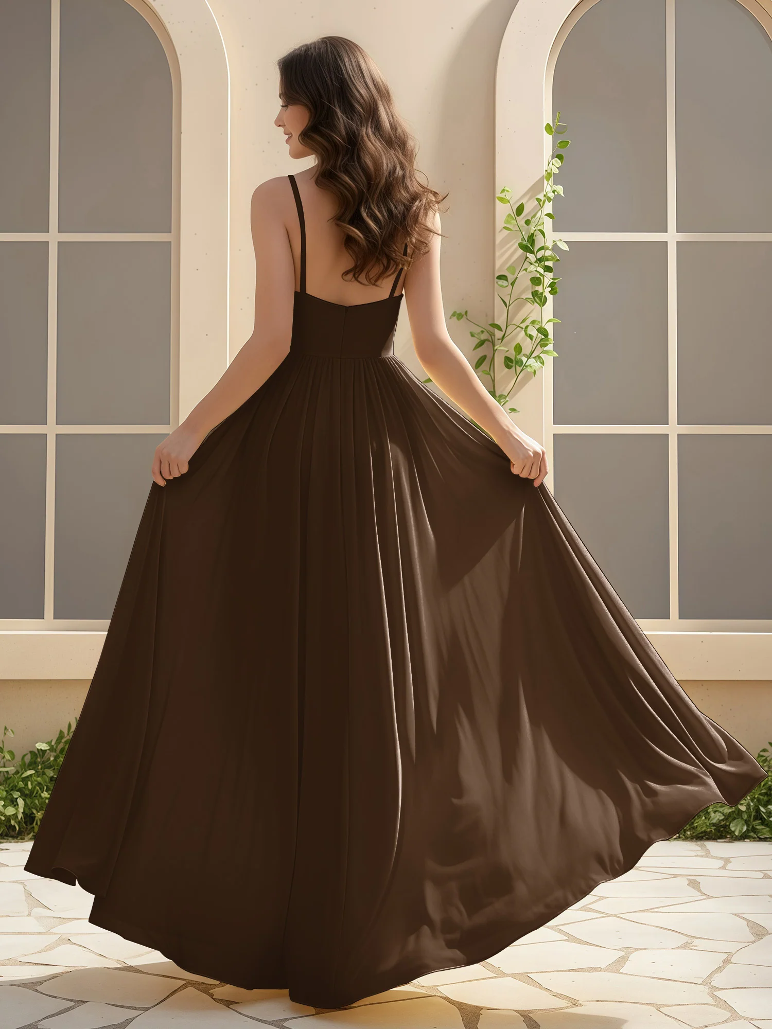 A-Line Pleated V-neck Long Dress With Slit Brown - Image 2