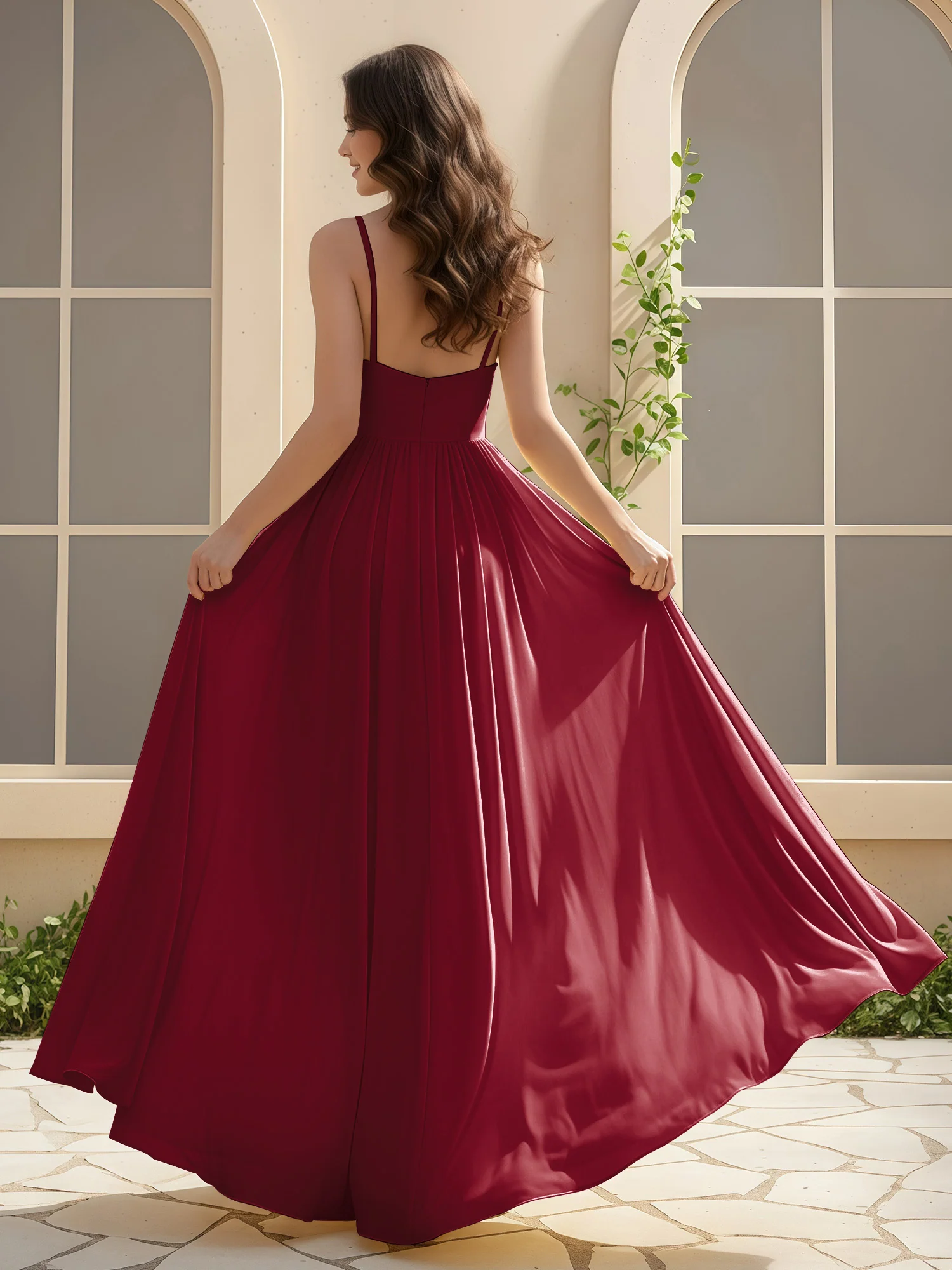 A-Line Pleated V-neck Long Dress With Slit Burgundy - Image 2