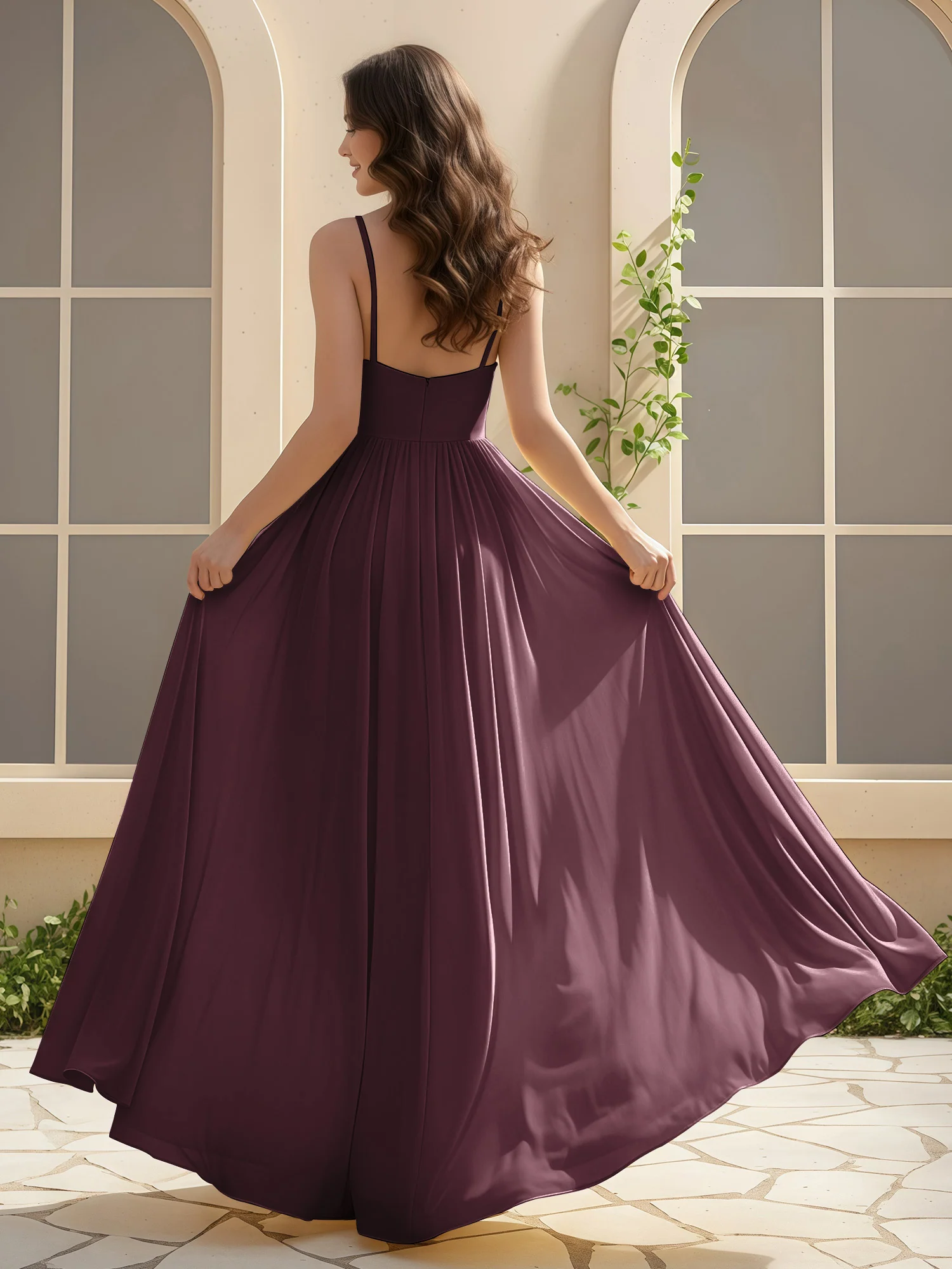 A-Line Pleated V-neck Long Dress With Slit Cabernet - Image 2