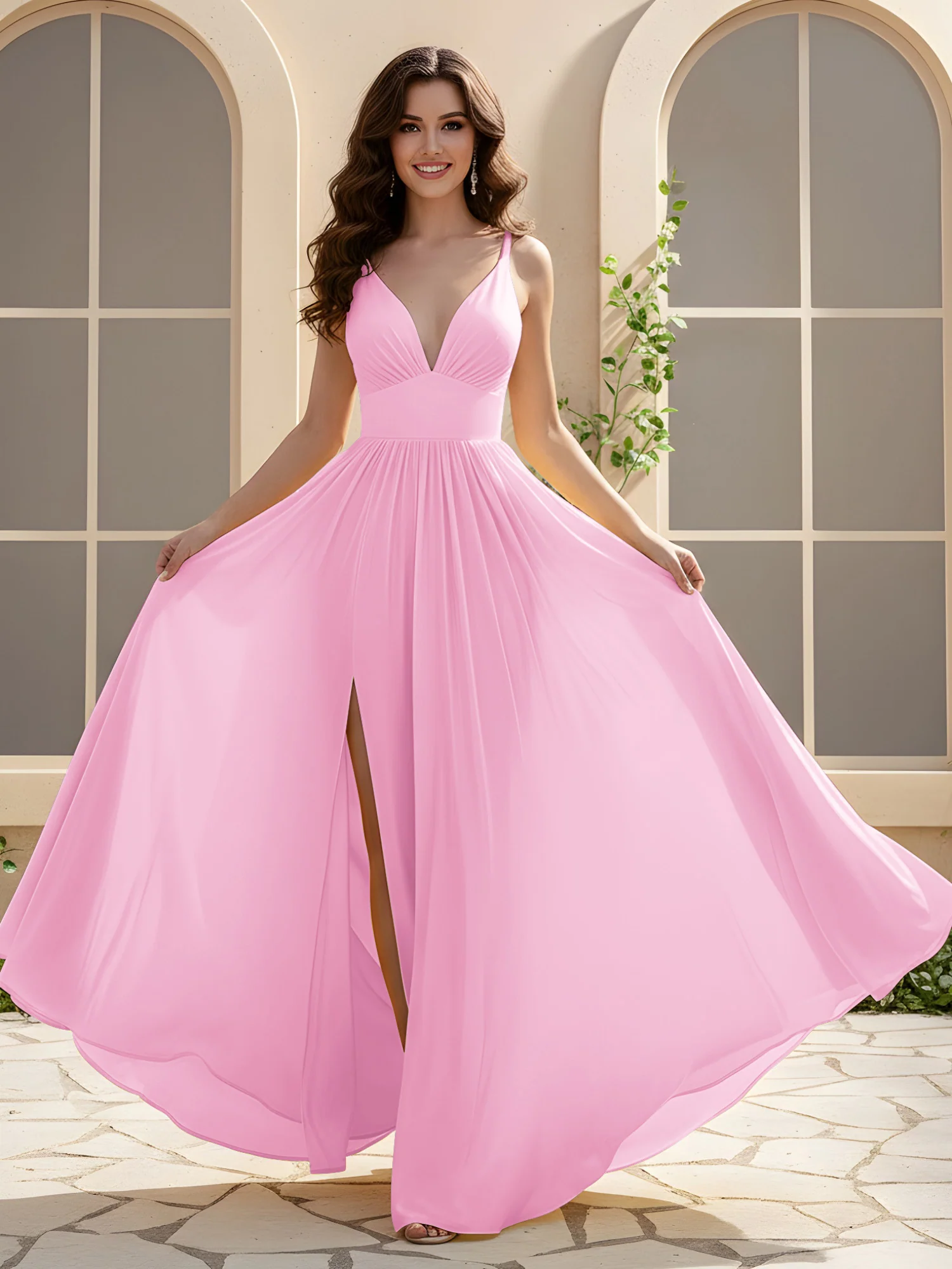 A-Line Pleated V-neck Long Dress With Slit Candy Pink
