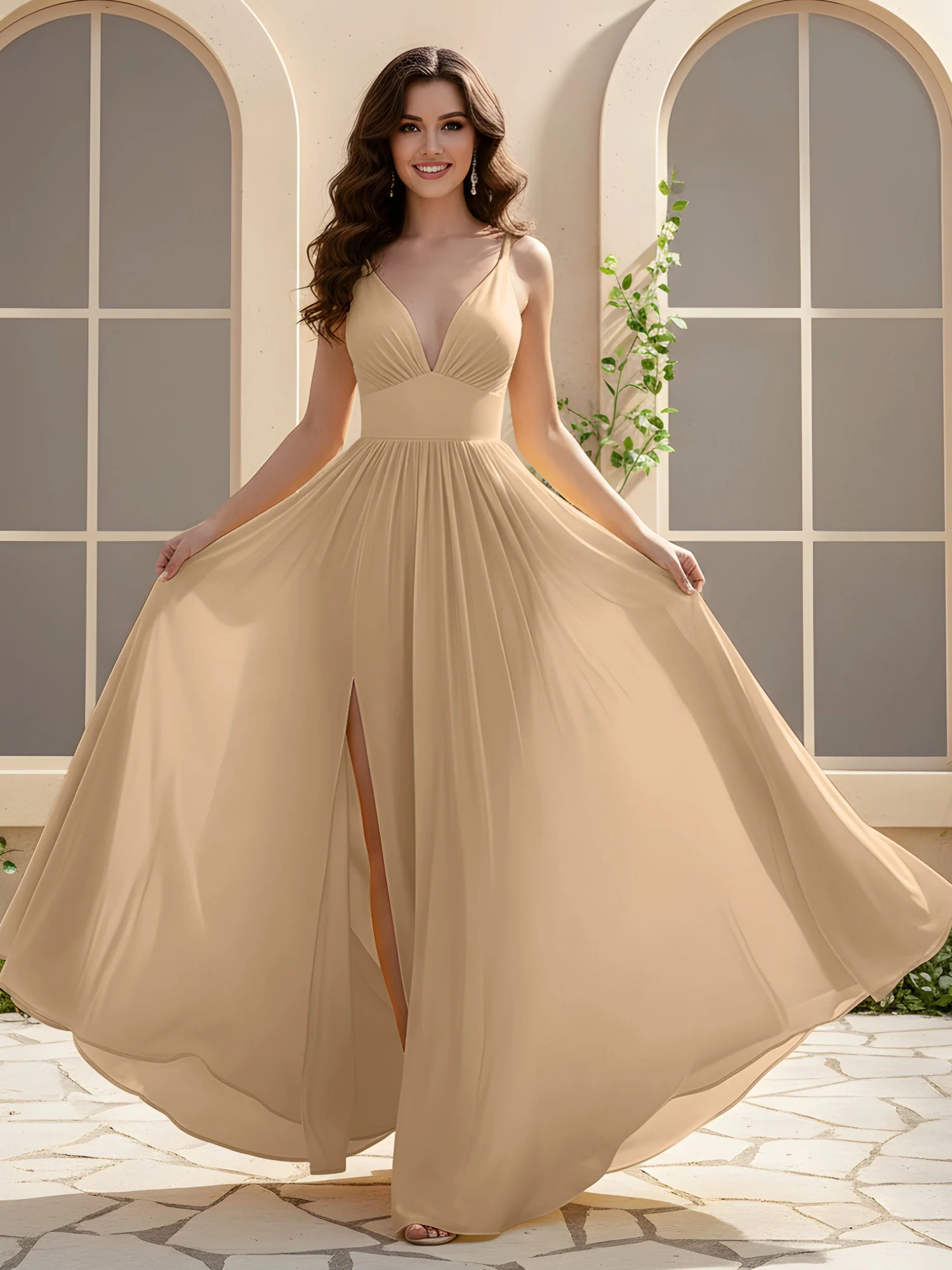 A-Line Pleated V-neck Long Dress With Slit Champagne