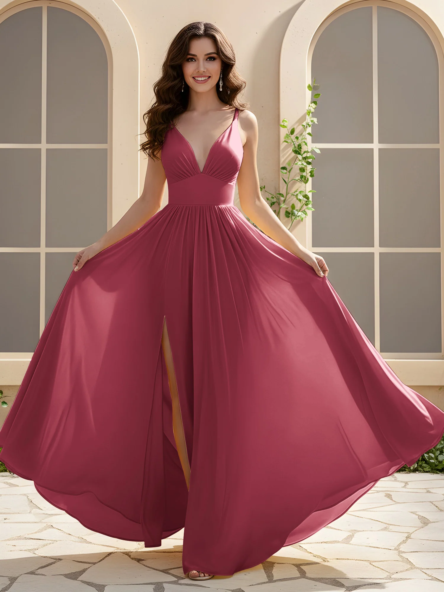 A-Line Pleated V-neck Long Dress With Slit Cinnamon Rose