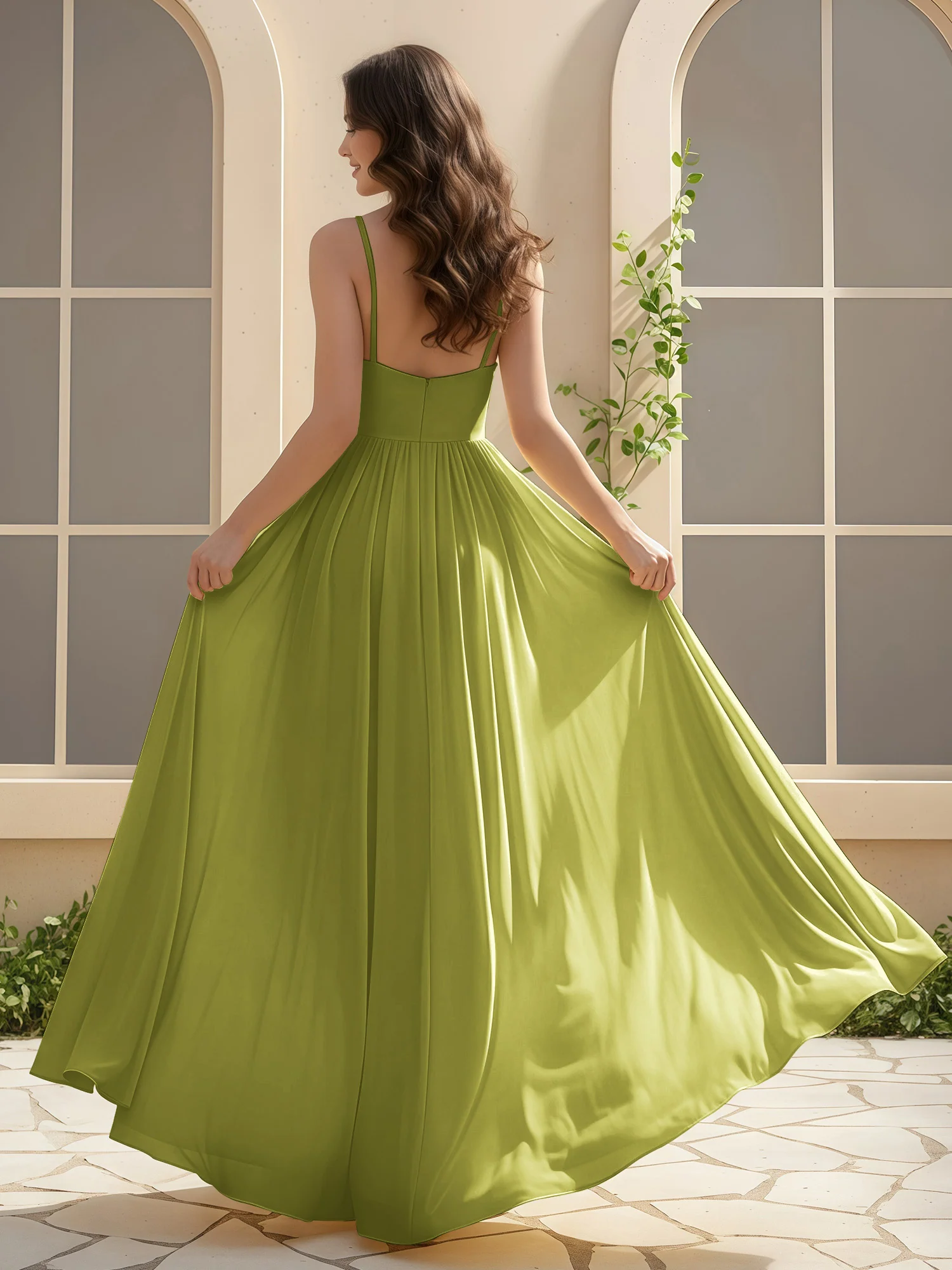 A-Line Pleated V-neck Long Dress With Slit Clover - Image 2