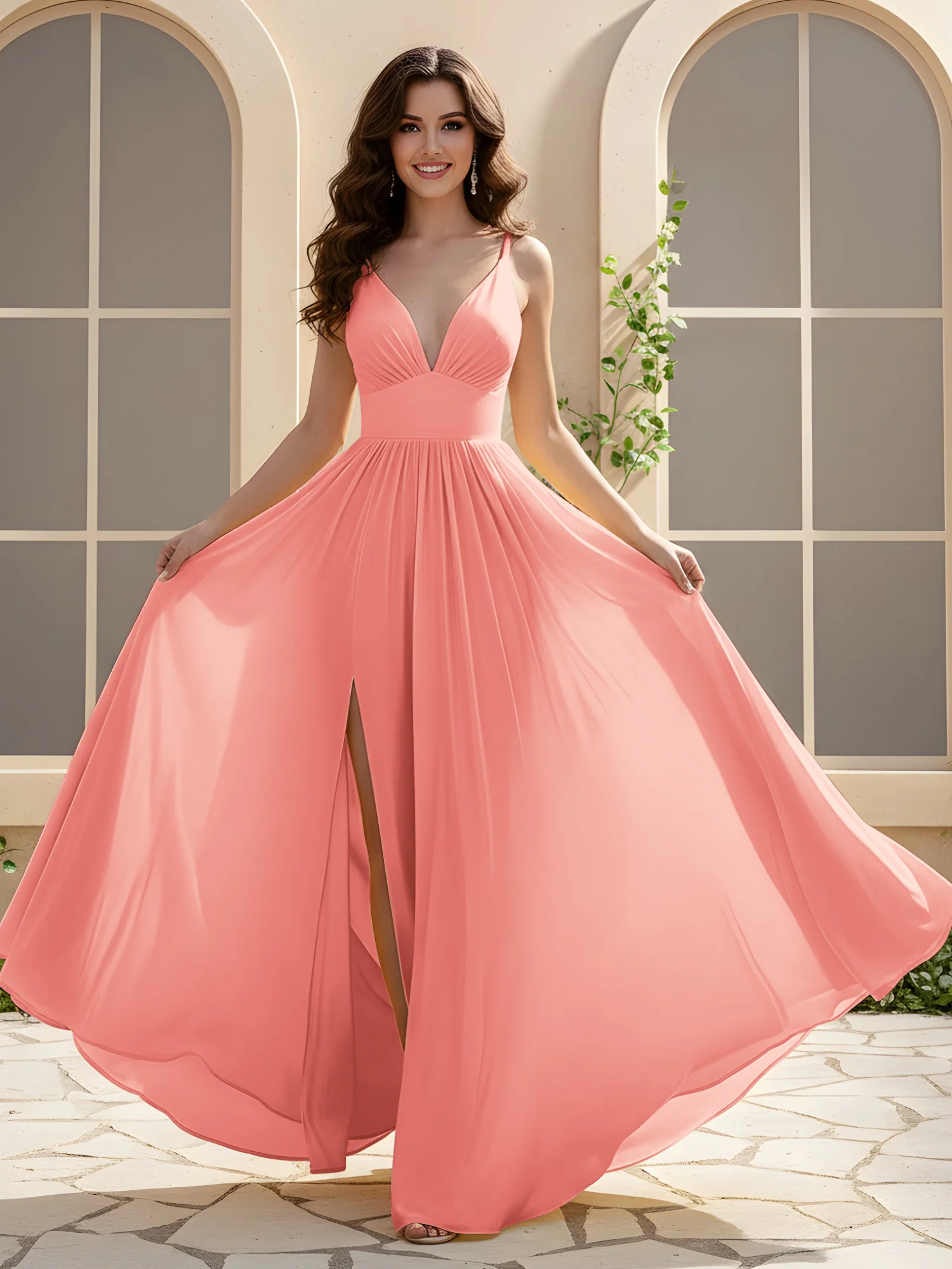 A-Line Pleated V-neck Long Dress With Slit Coral