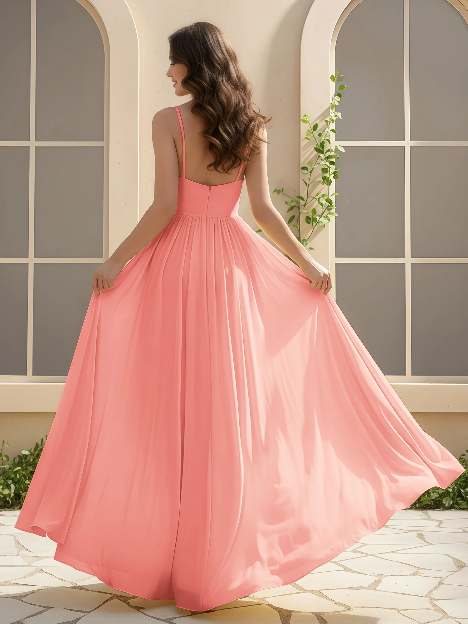 A-Line Pleated V-neck Long Dress With Slit Coral - Image 2
