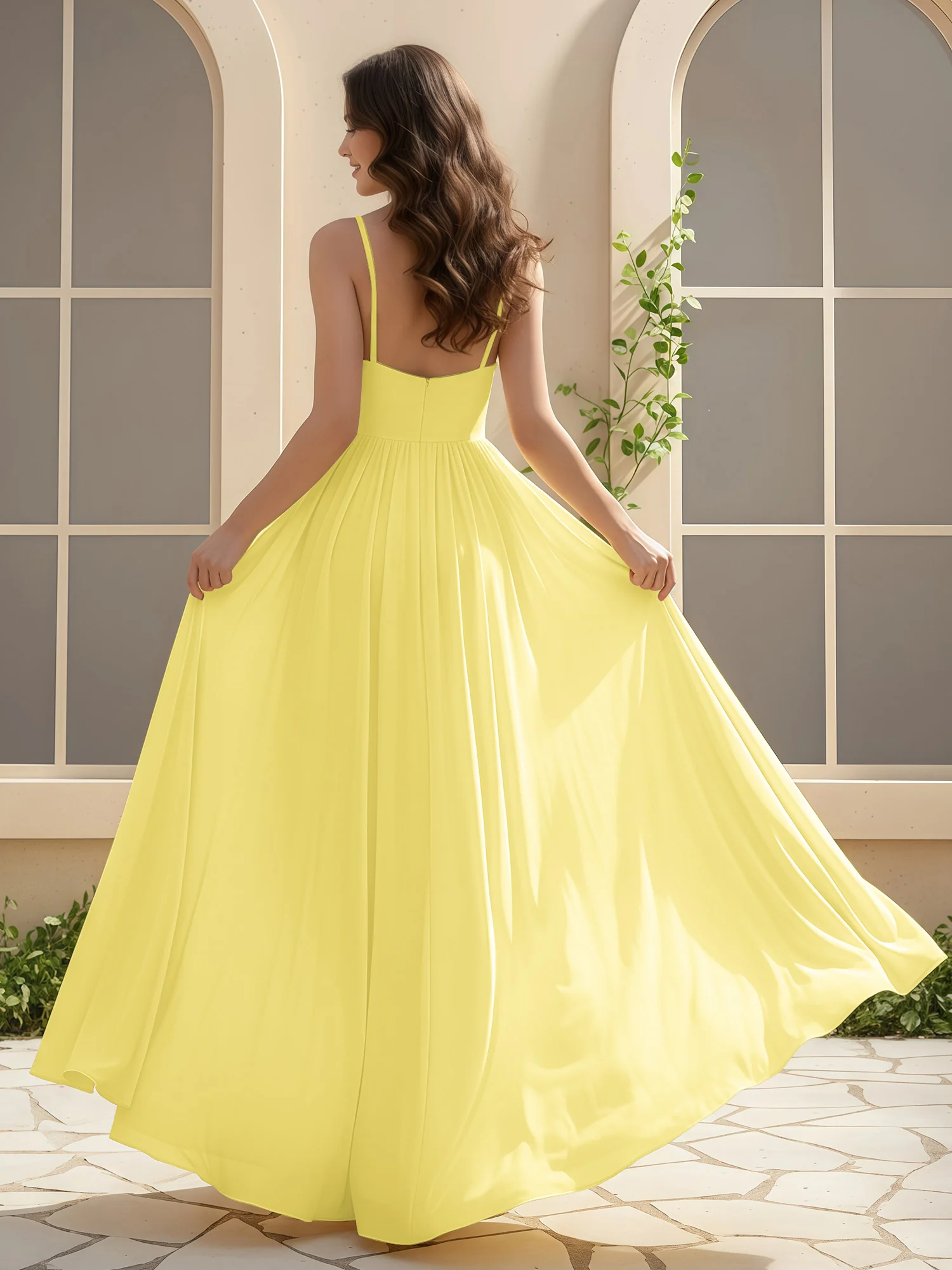 A-Line Pleated V-neck Long Dress With Slit Daffodil - Image 2