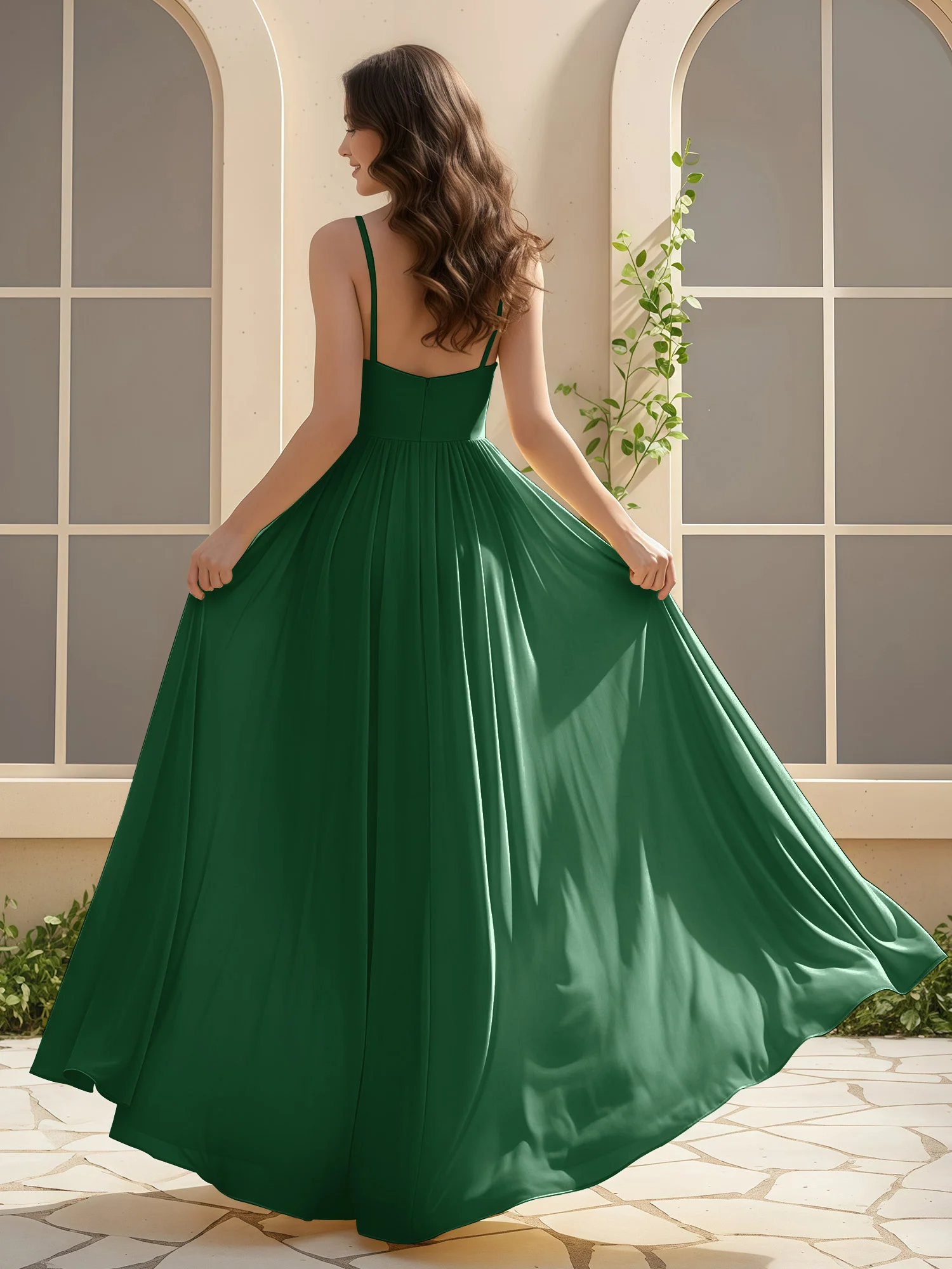 A-Line Pleated V-neck Long Dress With Slit Dark Green - Image 2
