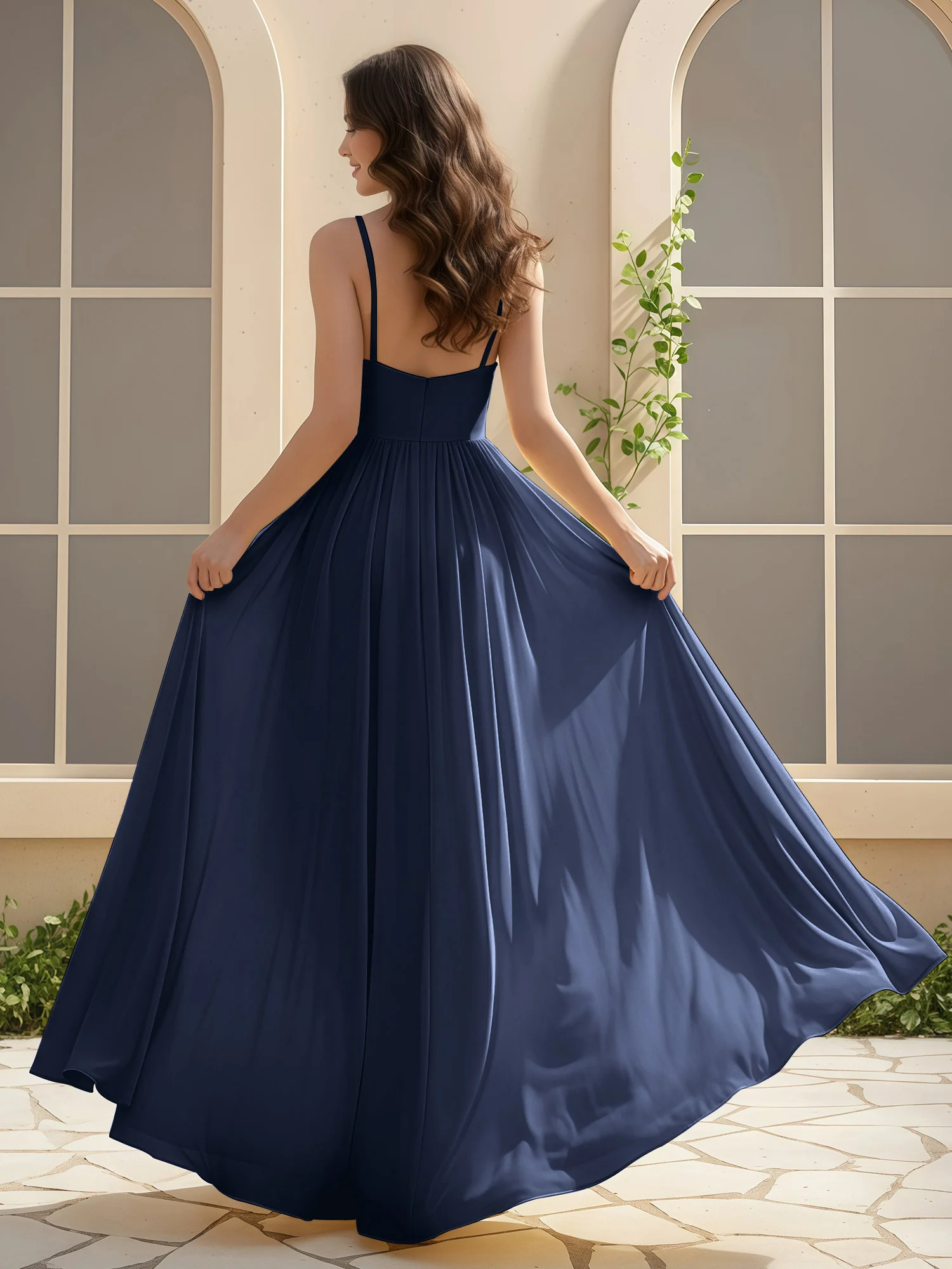 A-Line Pleated V-neck Long Dress With Slit Dark Navy - Image 2