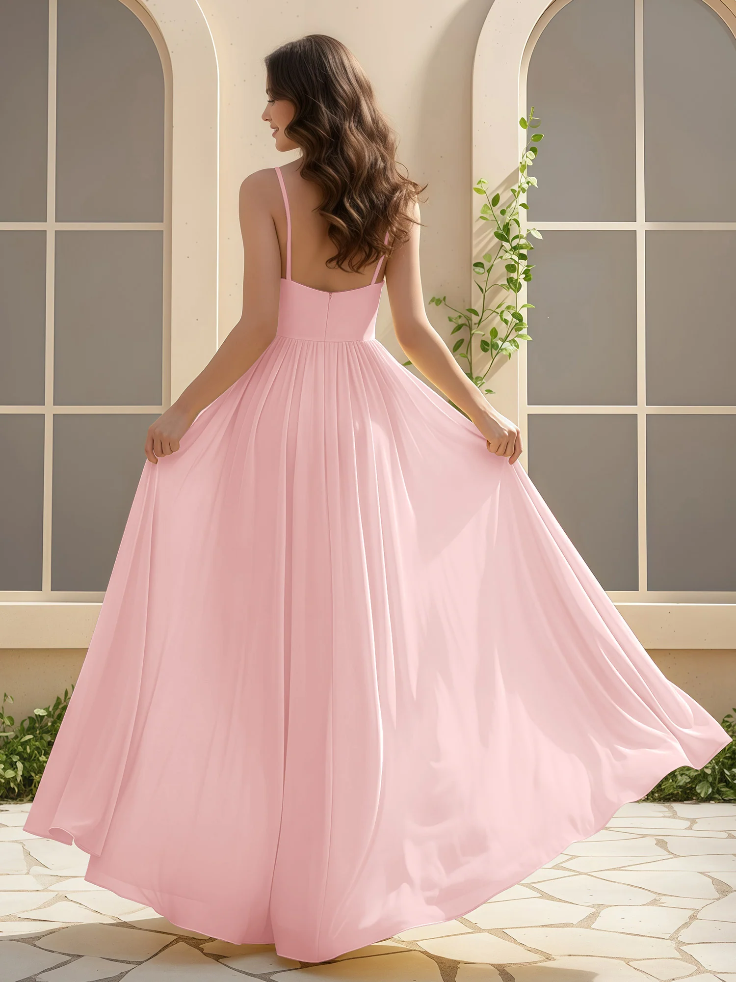 A-Line Pleated V-neck Long Dress With Slit Dusty Rose - Image 2