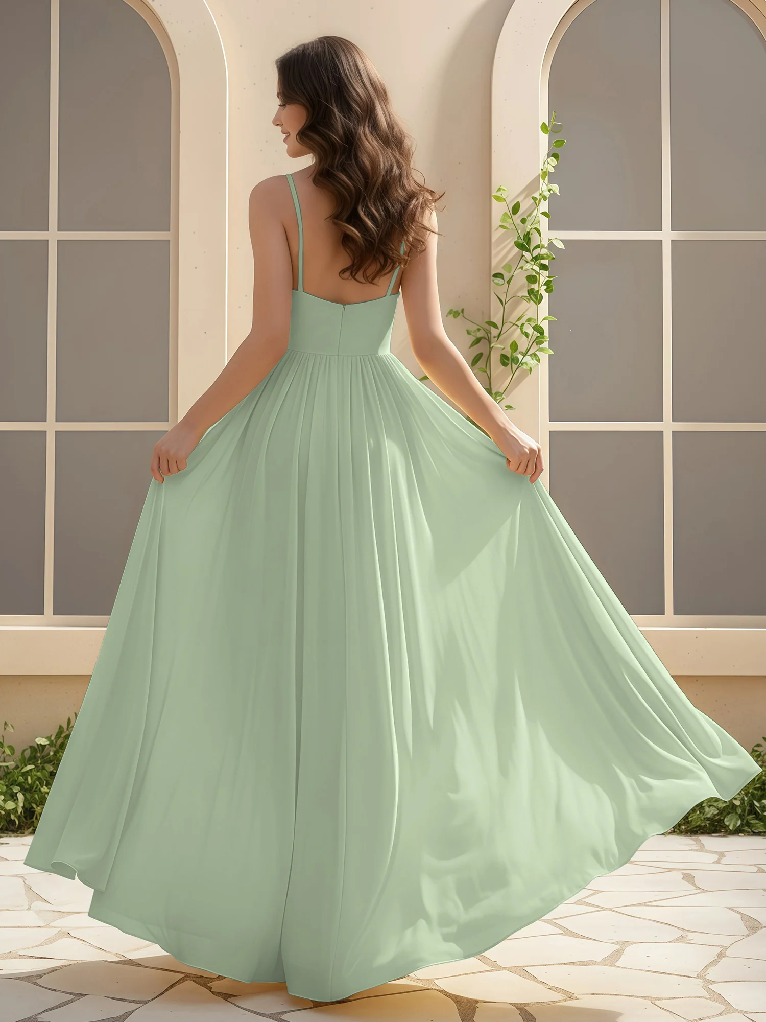 A-Line Pleated V-neck Long Dress With Slit Dusty Sage - Image 2